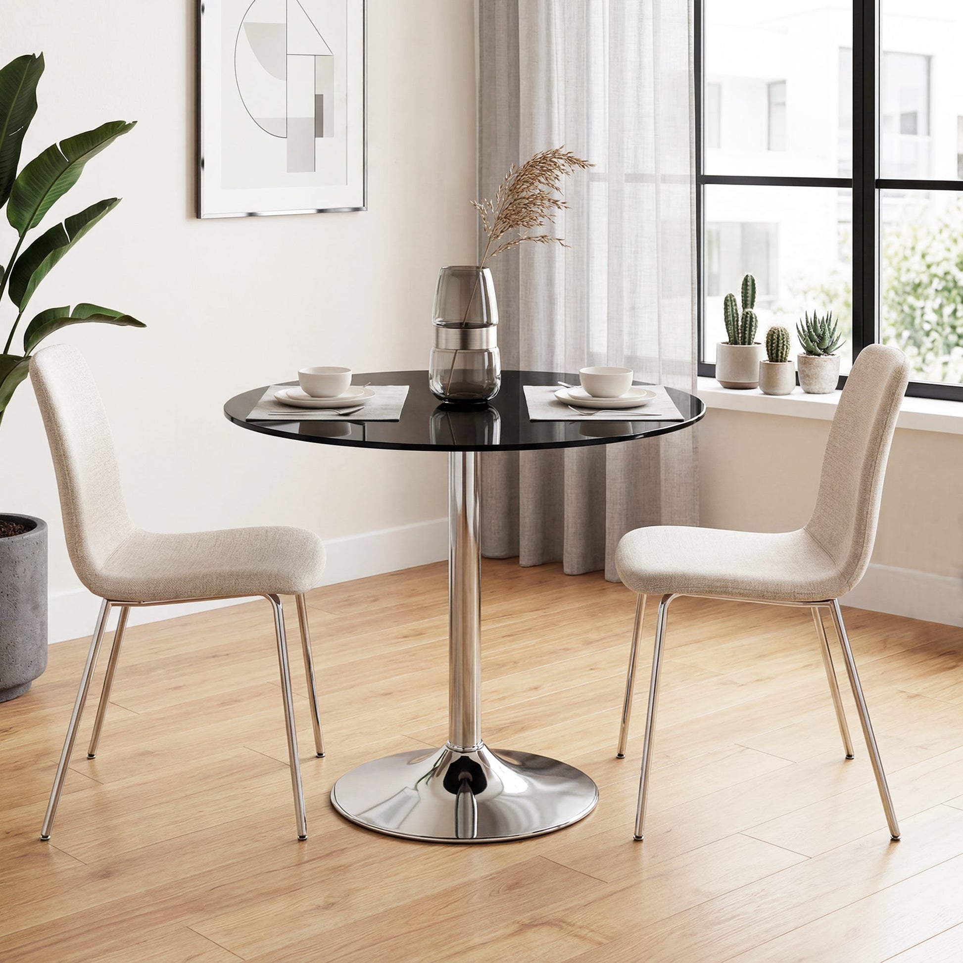 Round Bar Table, Modern Dining Table with Tempered Glass Top and Steel Frame for 4, Easy Assembly for Breakfast Bar, Dining Room, 70 x 70 x 75.5cm, Black
