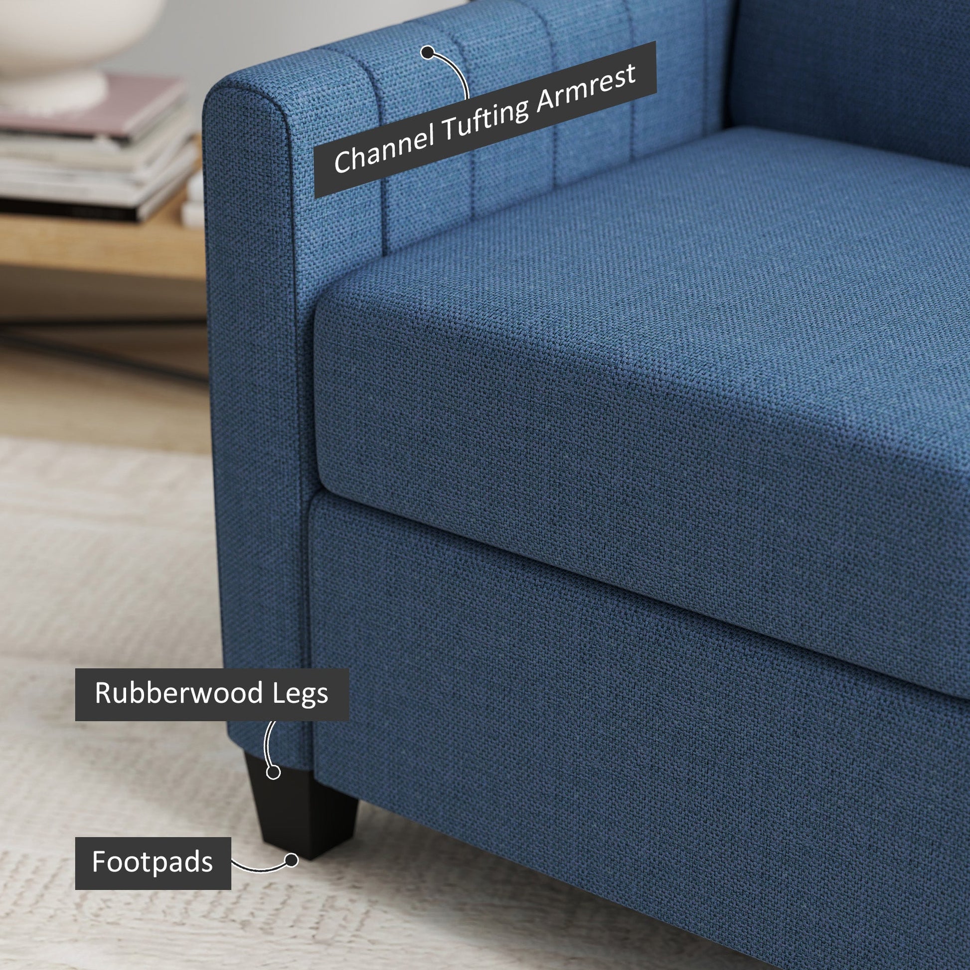 HOMCOM 2 Seater Sofa, Channel Tufted Modern Fabric Couch, Comfy Upholstered Small Sofa Loveseat with Spring Cushion, Back Pillow, for Living Room, Bedroom, Office, Blue