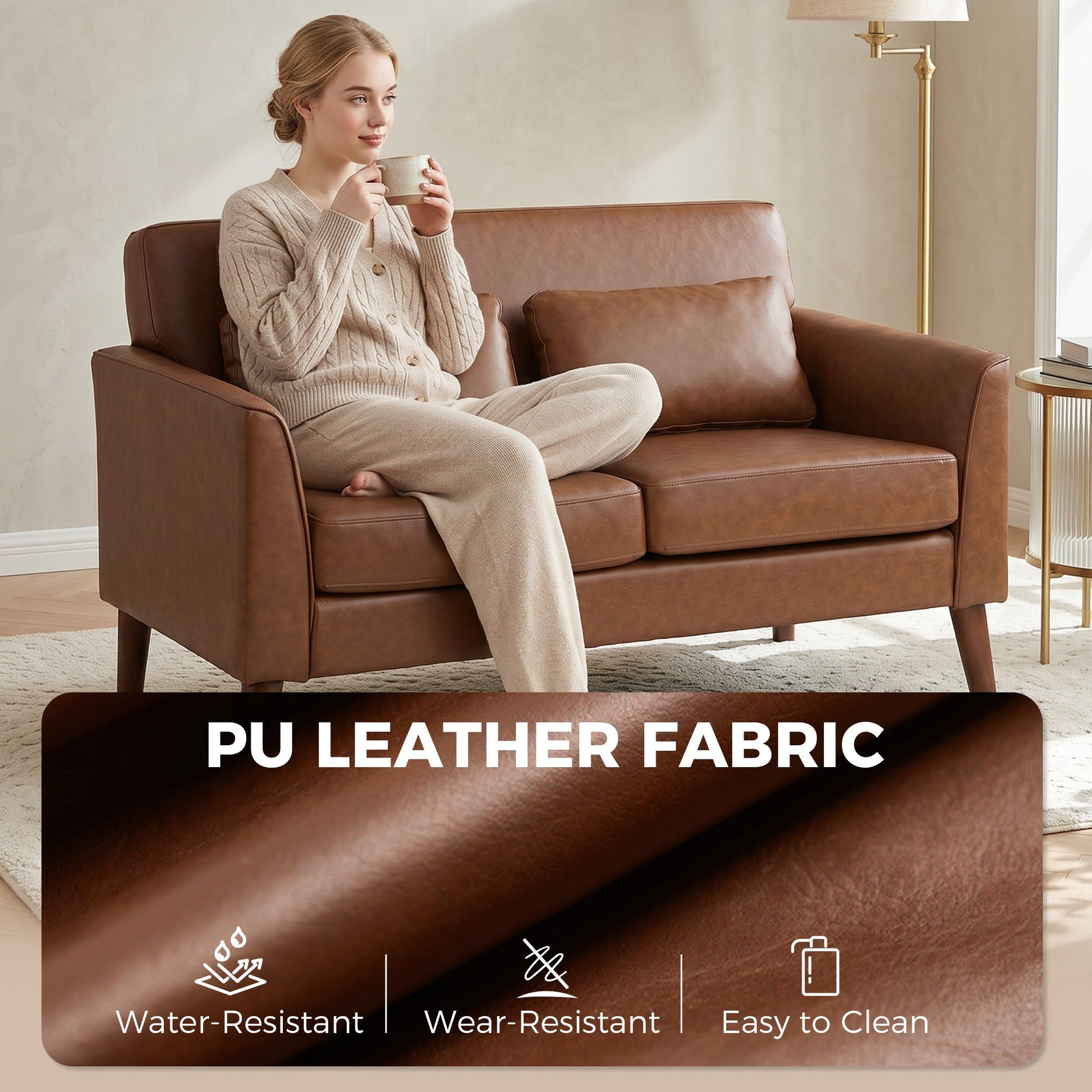 2 Seater Sofa, 132 cm Modern Small Sofa, PU Leather Upholstered Loveseat with Solid Wood Legs and 2 Pillows, Couch Settee for Small Space, Living Room, Bedroom, Home Office, Brown