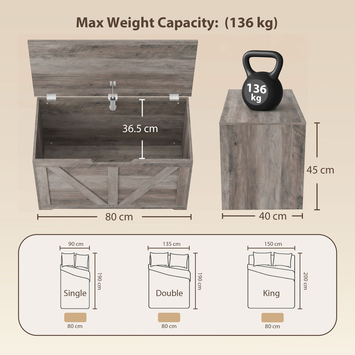 100L Storage Chest, Shoe Storage Trunk Bench Box with Safety Hinge and U-shaped Cut-out Pull, Blanket Box Ottoman for Bedroom, Living Room, Entryway, 80 x 40 x 45 cm, Grey Wood-Effect