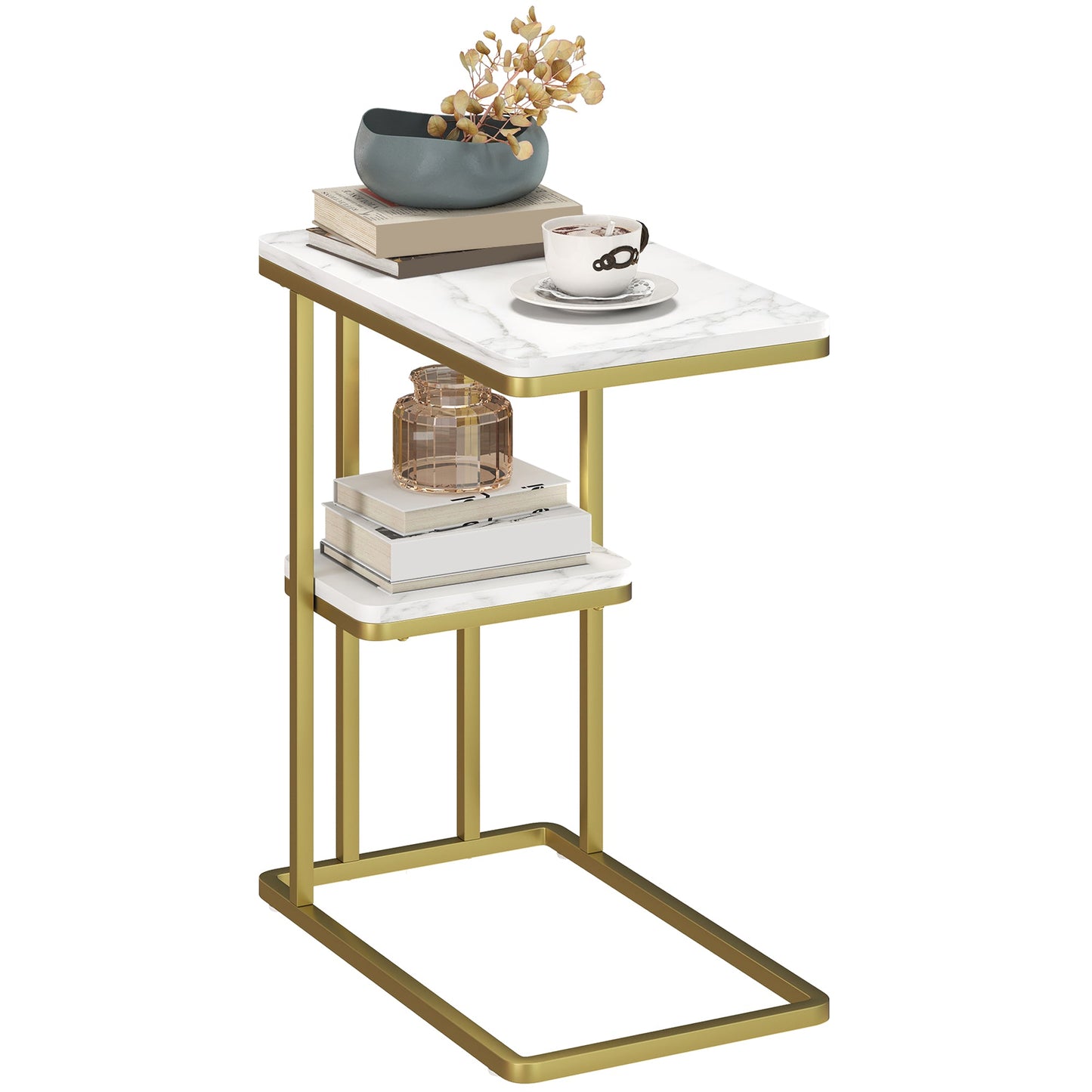 C-Shaped Narrow Side Table, 2-Tier Slim End Table with Storage Shelf, Modern Nightstand for Small Spaces, Living Room, Bedroom, 50 x 30 x 57.5 cm, White Marble Grain