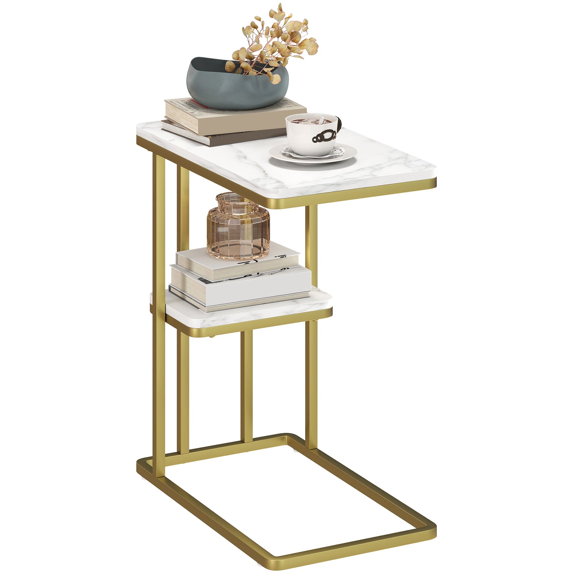 C-Shaped Narrow Side Table, 2-Tier Slim End Table with Storage Shelf, Modern Nightstand for Small Spaces, Living Room, Bedroom, 50 x 30 x 57.5 cm, White Marble Grain