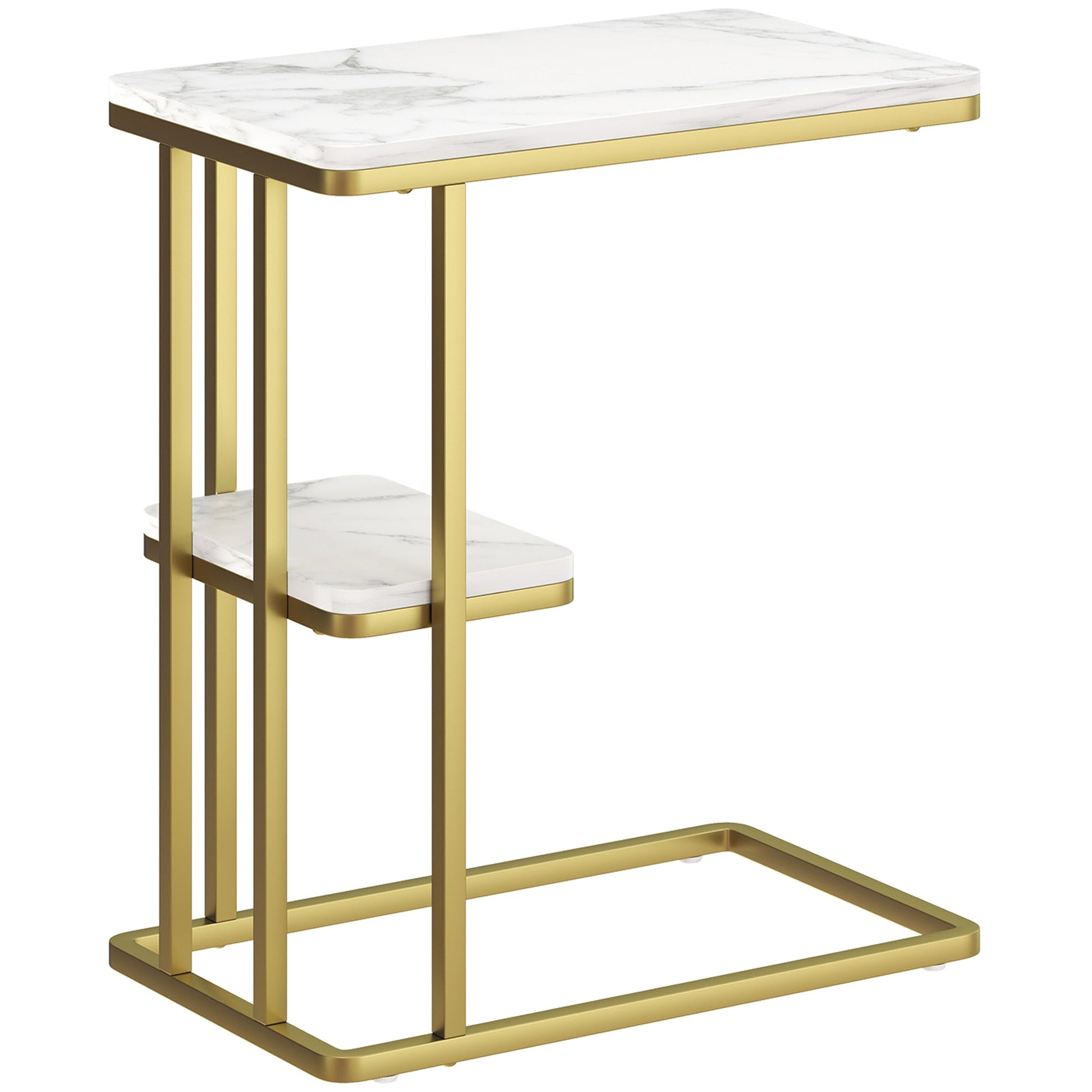C-Shaped Narrow Side Table, 2-Tier Slim End Table with Storage Shelf, Modern Nightstand for Small Spaces, Living Room, Bedroom, 50 x 30 x 57.5 cm, White Marble Grain