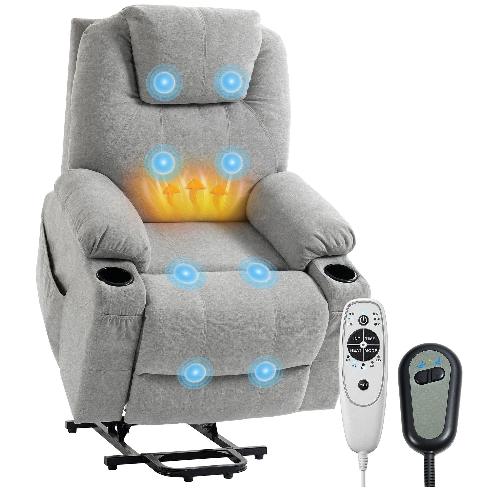 Power Lift Recliner Chair with Vibration Massage and Heat, Electric Lift Chair with Pocket Spring & Wide Backrest, Fabric Riser and Reclining Armchair with Remote, Side Pockets, Light Grey