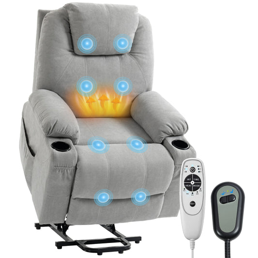Power Lift Recliner Chair with Vibration Massage and Heat, Electric Lift Chair with Pocket Spring & Wide Backrest, Fabric Riser and Reclining Armchair with Remote, Side Pockets, Light Grey