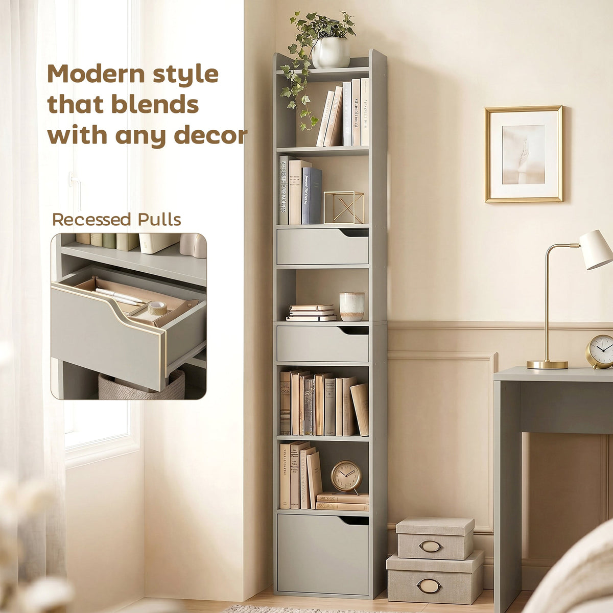 Bookcase with Drawers and Cabinet, 5-Tier Bookshelf, Narrow Tall Storage Cabinet with Anti-Tip for Living Room, Study, Home Office, Grey