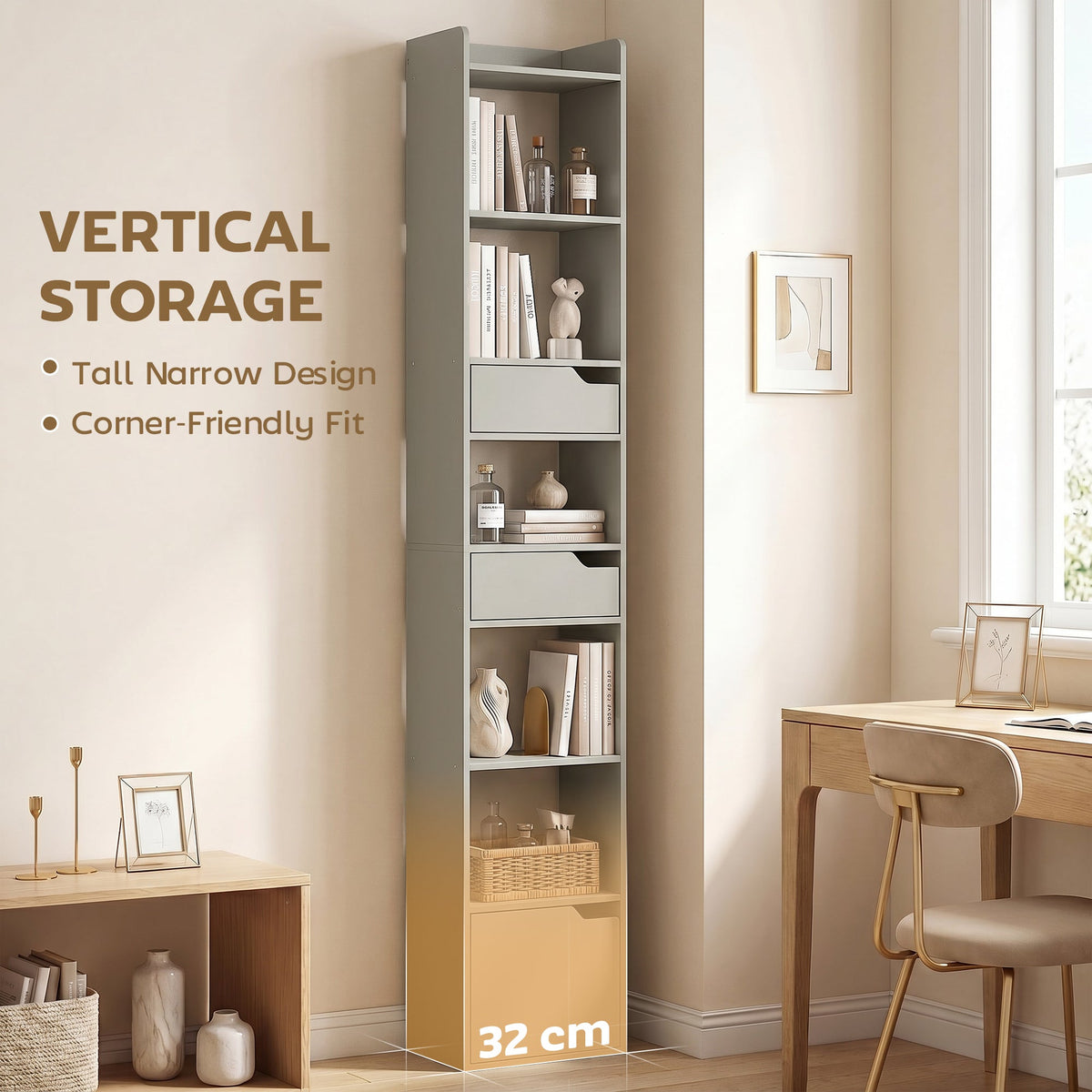 Bookcase with Drawers and Cabinet, 5-Tier Bookshelf, Narrow Tall Storage Cabinet with Anti-Tip for Living Room, Study, Home Office, Grey