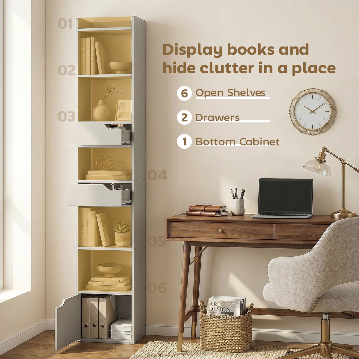 Bookcase with Drawers and Cabinet, 5-Tier Bookshelf, Narrow Tall Storage Cabinet with Anti-Tip for Living Room, Study, Home Office, Grey