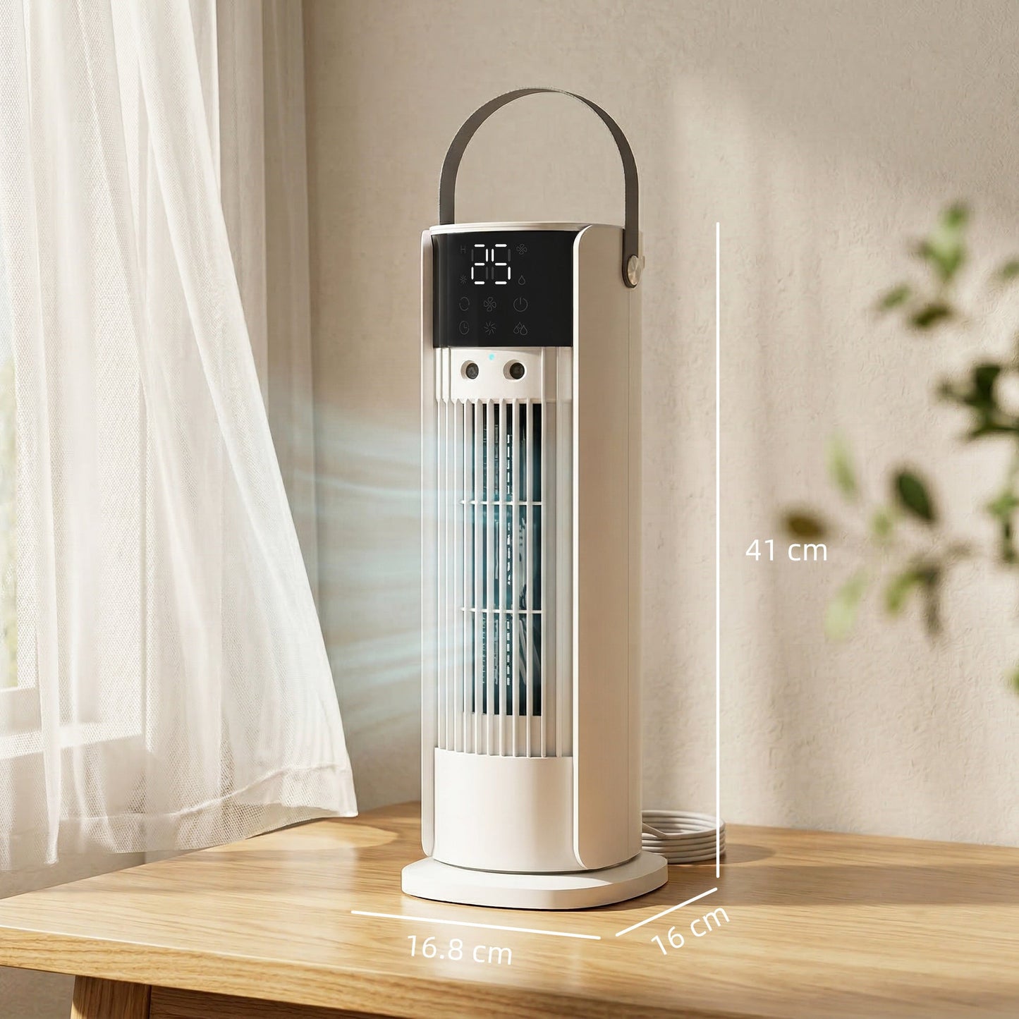 Tower Fan for Bedroom, 16 Inch Mist Desktop Fan with RGB Lights, 3 Speeds, 90° Oscillation, 10H Timer, for Home Office, White