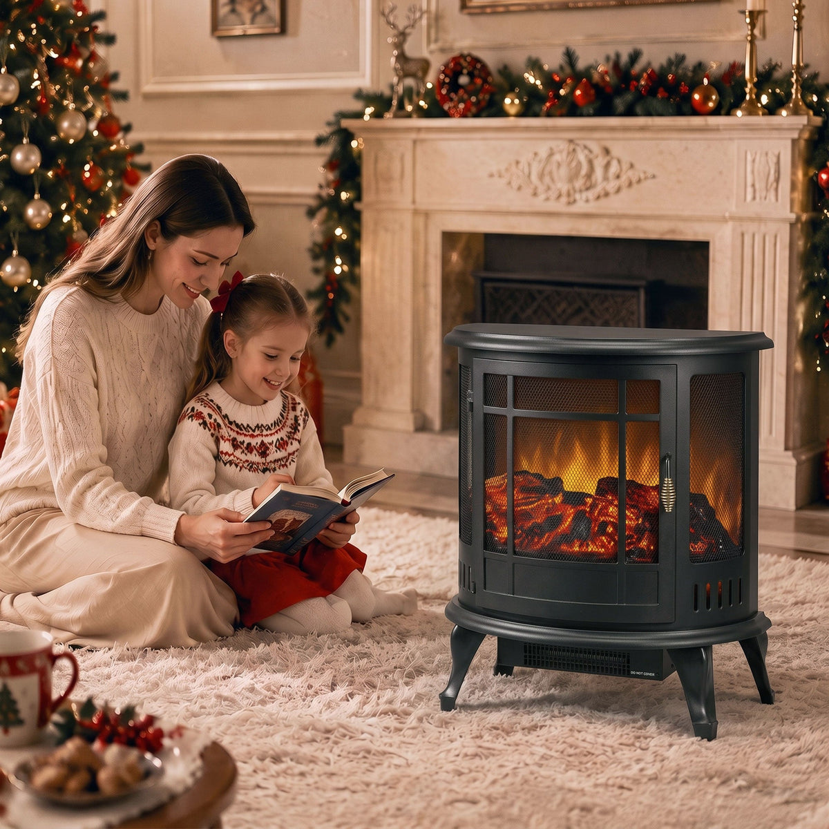 3-Sided Electric Fireplace Stove, 2000W Freestanding Log Burner, Portable Electric Fire Fan Heater with LED Flame Effect, Adjustable Thermostat, Overheat Protection, Black