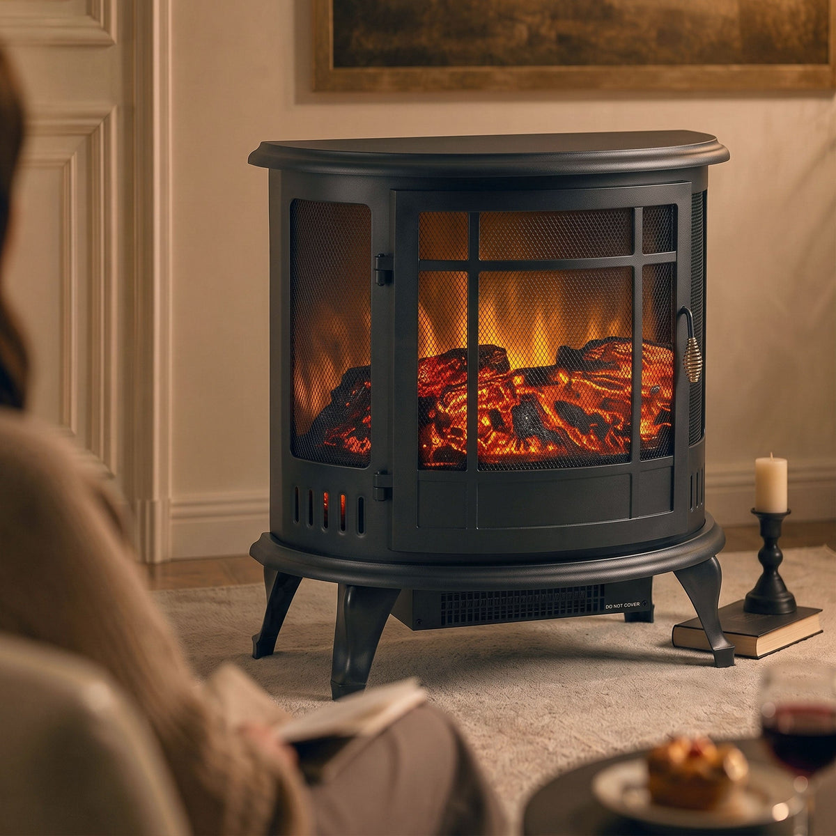 3-Sided Electric Fireplace Stove, 2000W Freestanding Log Burner, Portable Electric Fire Fan Heater with LED Flame Effect, Adjustable Thermostat, Overheat Protection, Black