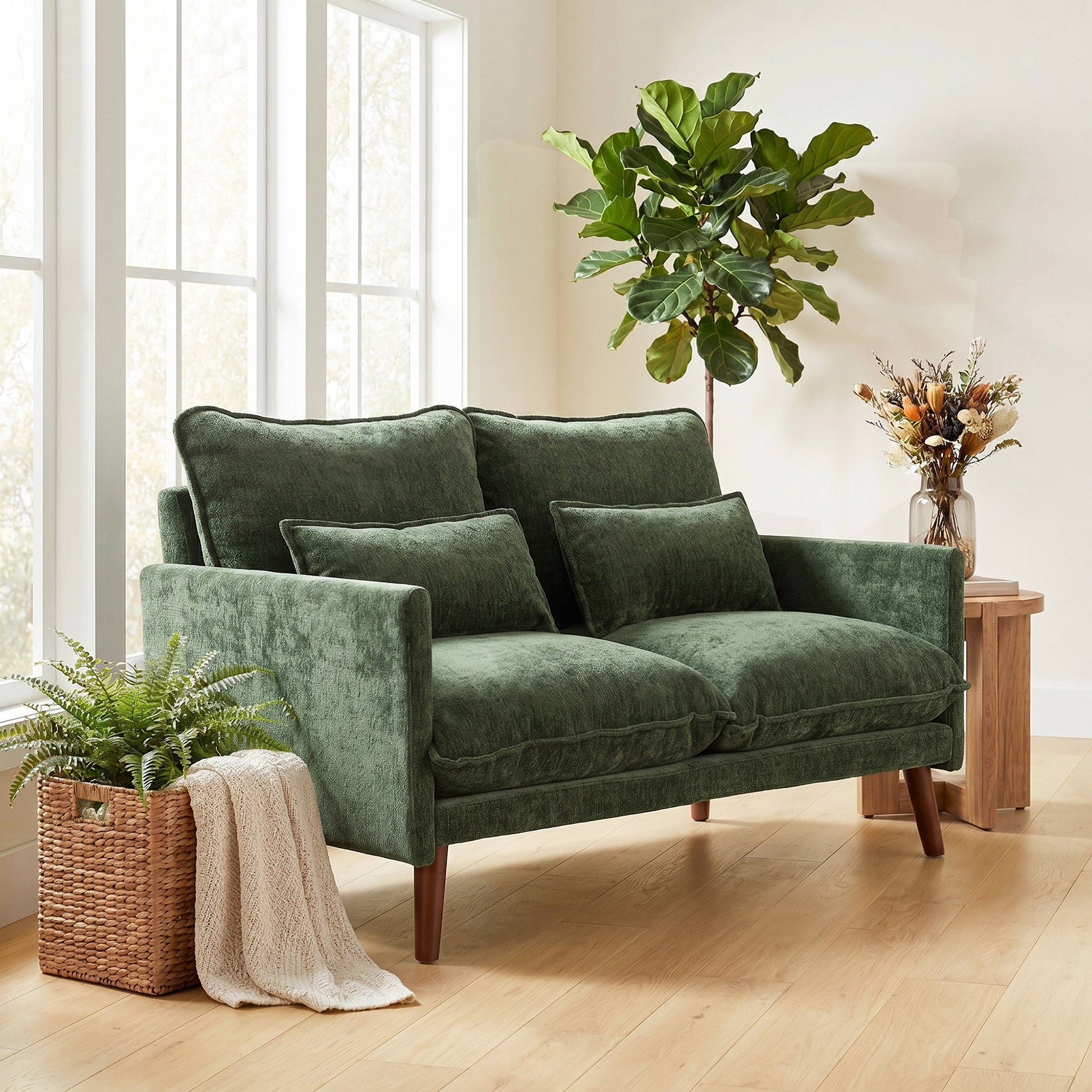 2 Seater Sofa, 131cm Velvet-Feel Fabric Loveseat Sofa with Spring Cushions, Wide and Deep Seat, Wood Legs, 2 Pillows, Modern Couch Settee for Small Space, Living Room, Bedroom, Office, Green