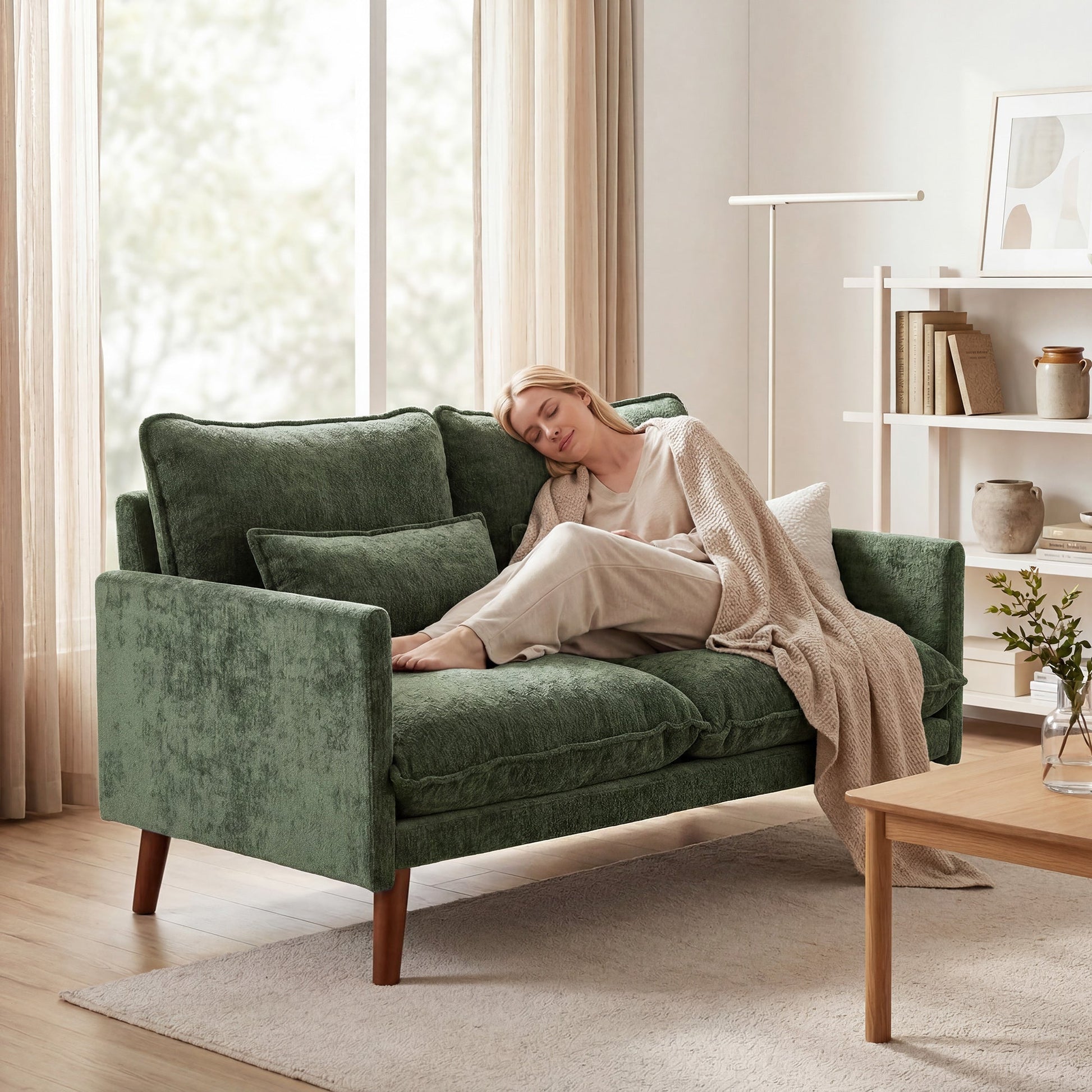 2 Seater Sofa, 131cm Velvet-Feel Fabric Loveseat Sofa with Spring Cushions, Wide and Deep Seat, Wood Legs, 2 Pillows, Modern Couch Settee for Small Space, Living Room, Bedroom, Office, Green
