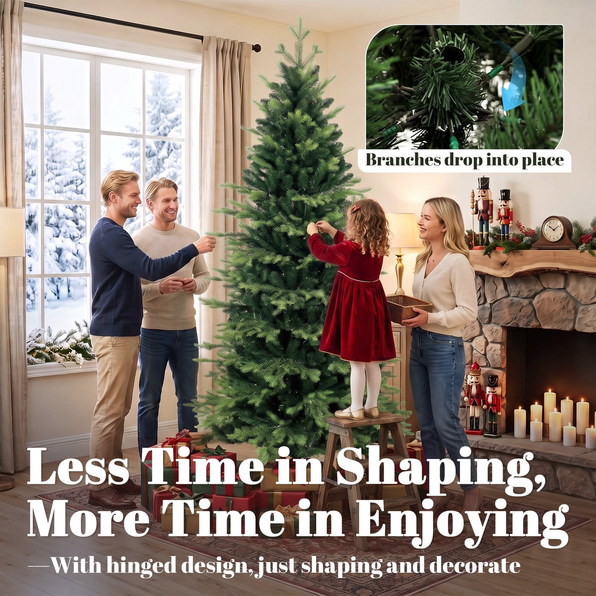 7ft/210cm Artificial Christmas Tree, Geneva Fir Hinged Xmas Tree with 2079 Branch Tips, Foldable Steel Stand, Easy Assembly for Home Office Holiday Decoration, Green