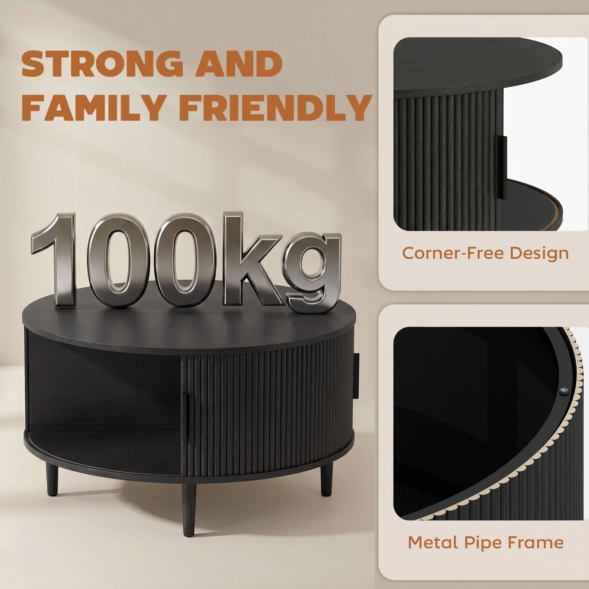 Round Coffee Table with Storage, 80 cm Modern Centre Table with Fluted Sliding Cabinet Door and Lift Top, Wood Circle Drum Table for Living Room, Black Wood Effect