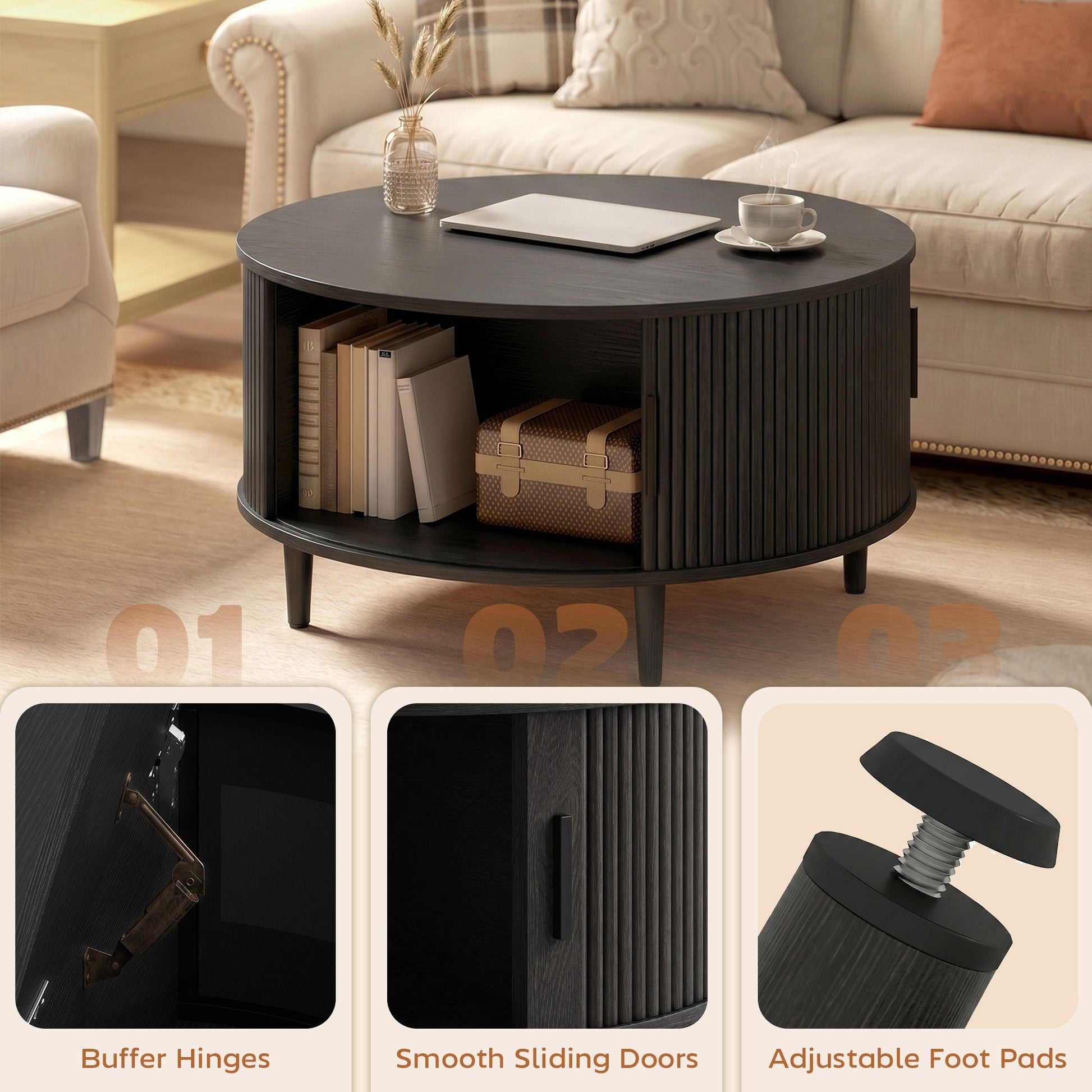 Round Coffee Table with Storage, 80 cm Modern Centre Table with Fluted Sliding Cabinet Door and Lift Top, Wood Circle Drum Table for Living Room, Black Wood Effect