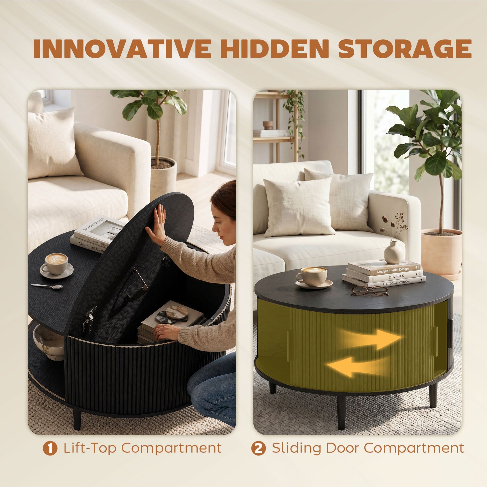 Round Coffee Table with Storage, 80 cm Modern Centre Table with Fluted Sliding Cabinet Door and Lift Top, Wood Circle Drum Table for Living Room, Black Wood Effect
