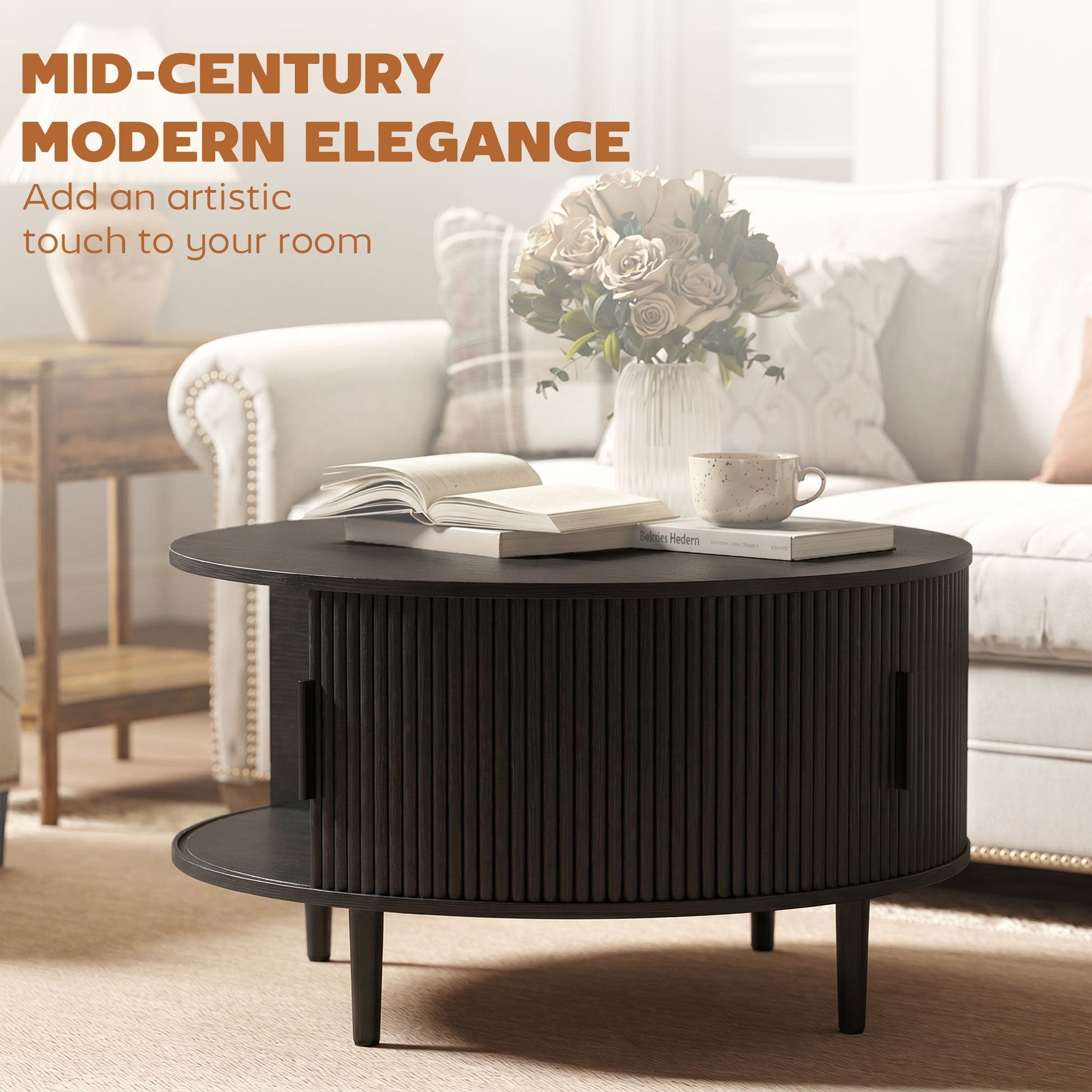Round Coffee Table with Storage, 80 cm Modern Centre Table with Fluted Sliding Cabinet Door and Lift Top, Wood Circle Drum Table for Living Room, Black Wood Effect