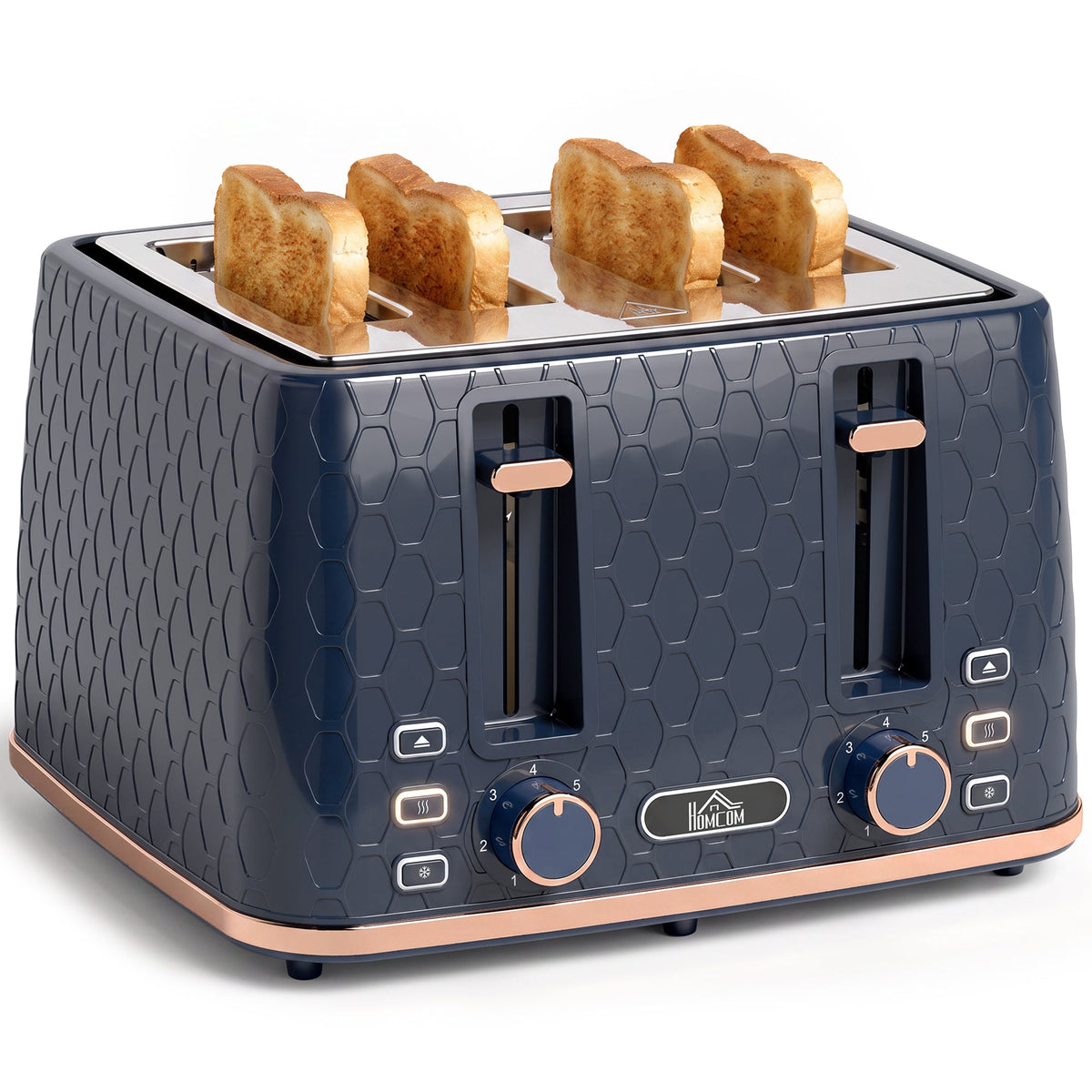 4 Slice Toaster with 7 Browning Levels, High Lift, Reheat/Defrost/Cancel, Self-centring Function, Removable Crumb Tray, 1860W, Honeycomb Texture, Dark Blue