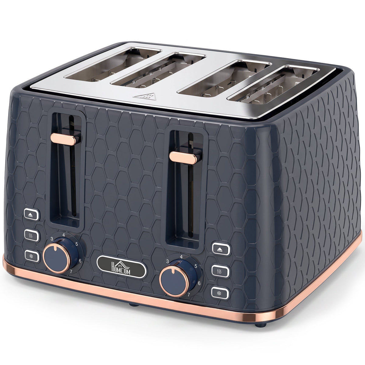 4 Slice Toaster with 7 Browning Levels, High Lift, Reheat/Defrost/Cancel, Self-centring Function, Removable Crumb Tray, 1860W, Honeycomb Texture, Dark Blue