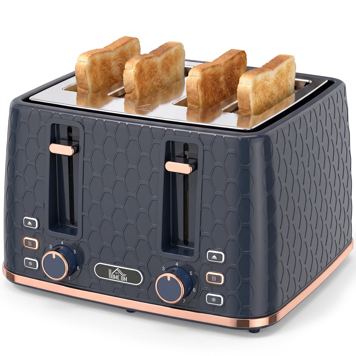 4 Slice Toaster with 7 Browning Levels, High Lift, Reheat/Defrost/Cancel, Self-centring Function, Removable Crumb Tray, 1860W, Honeycomb Texture, Dark Blue