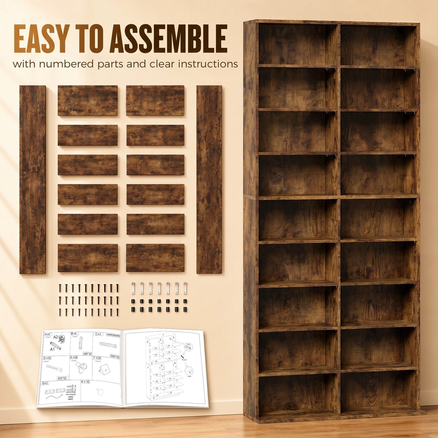 640 CD/360 DVD Storage Unit, Blu-ray Media Storage Shelf with 18 Compartments and 14 Adjustable Shelves, CD Tower for Living Room, Bedroom, Office, Rustic Brown