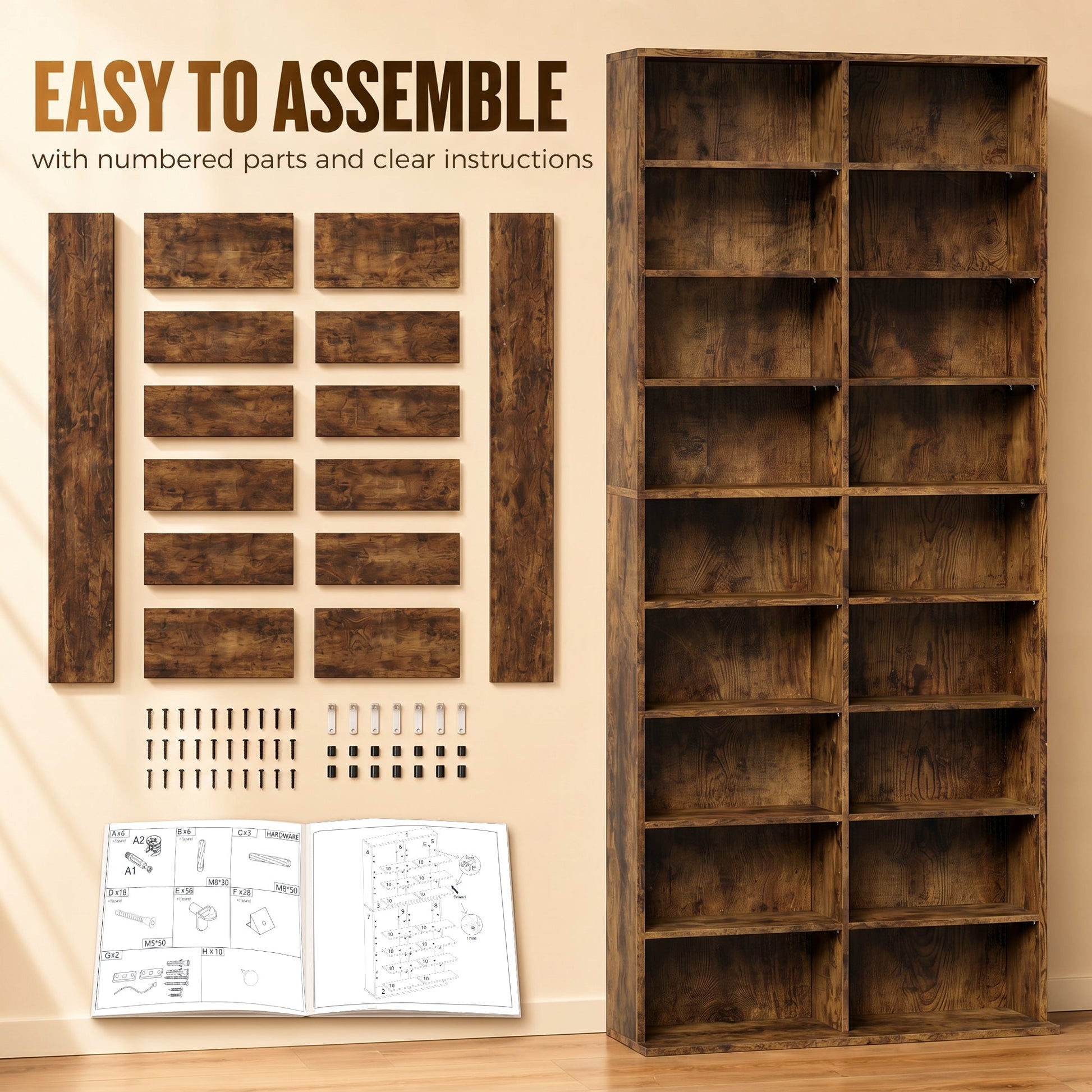 640 CD/360 DVD Storage Unit, Blu-ray Media Storage Shelf with 18 Compartments and 14 Adjustable Shelves, CD Tower for Living Room, Bedroom, Office, Rustic Brown