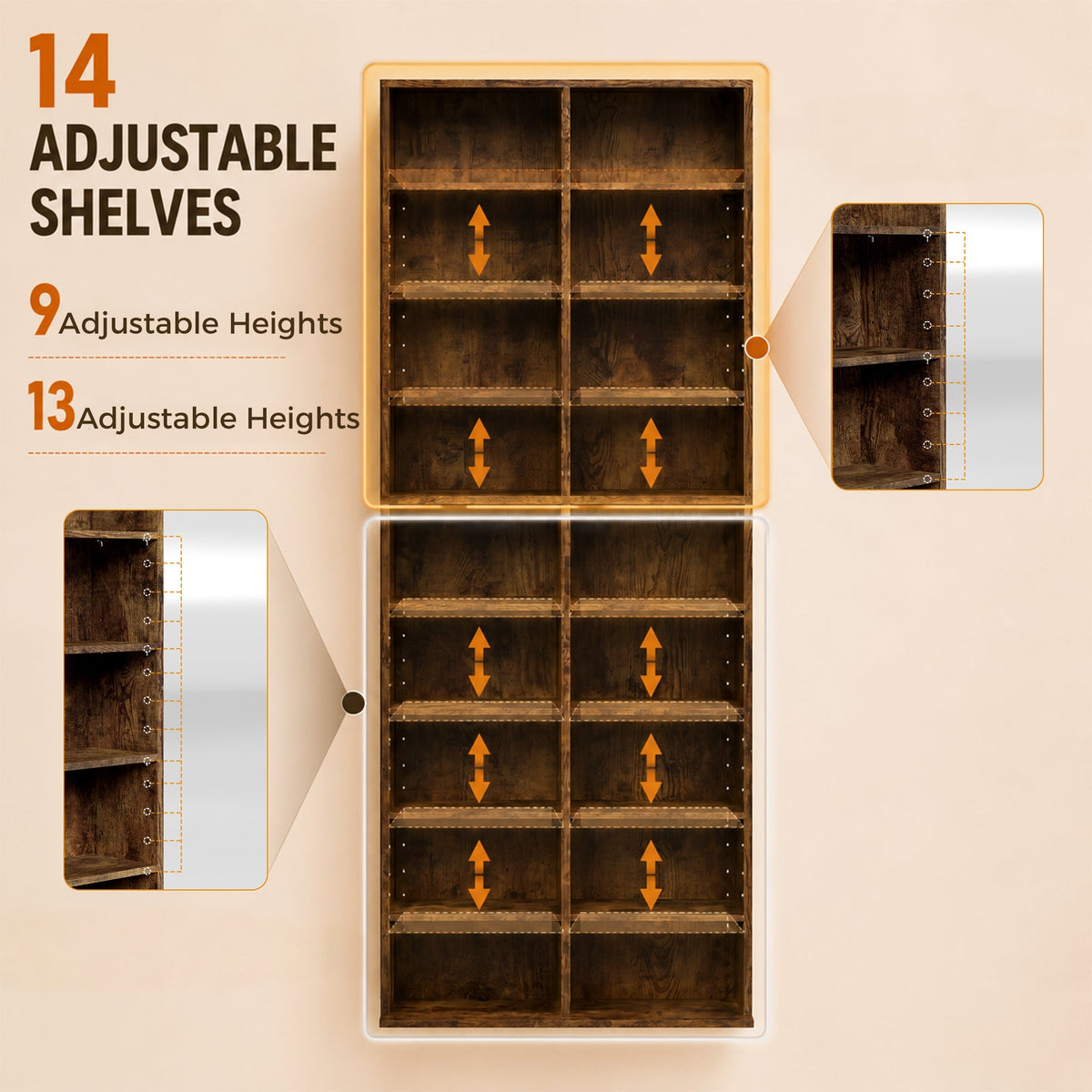 640 CD/360 DVD Storage Unit, Blu-ray Media Storage Shelf with 18 Compartments and 14 Adjustable Shelves, CD Tower for Living Room, Bedroom, Office, Rustic Brown