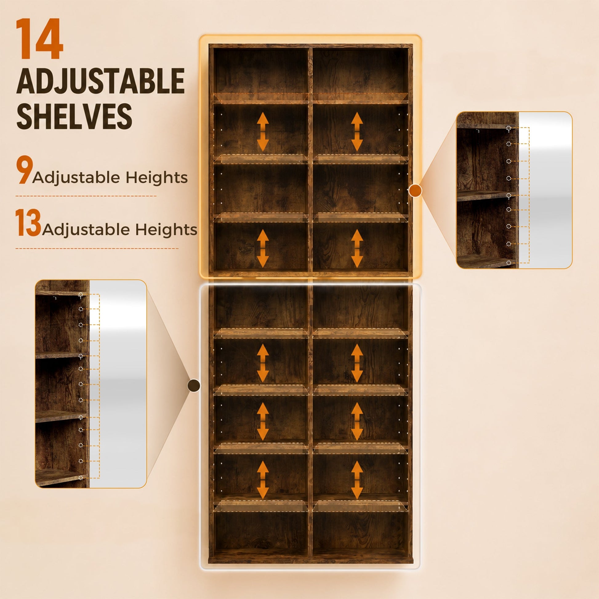 640 CD/360 DVD Storage Unit, Blu-ray Media Storage Shelf with 18 Compartments and 14 Adjustable Shelves, CD Tower for Living Room, Bedroom, Office, Rustic Brown