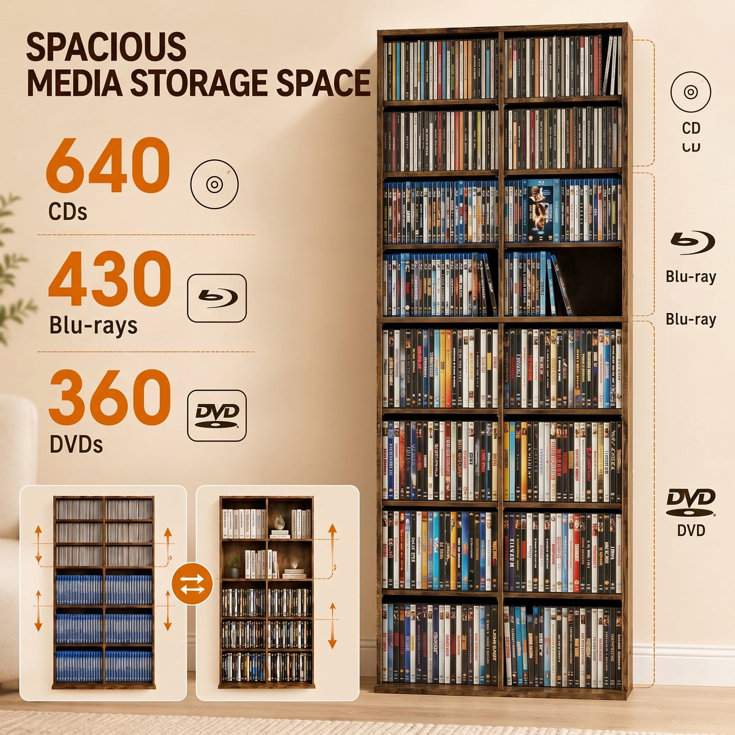 640 CD/360 DVD Storage Unit, Blu-ray Media Storage Shelf with 18 Compartments and 14 Adjustable Shelves, CD Tower for Living Room, Bedroom, Office, Rustic Brown