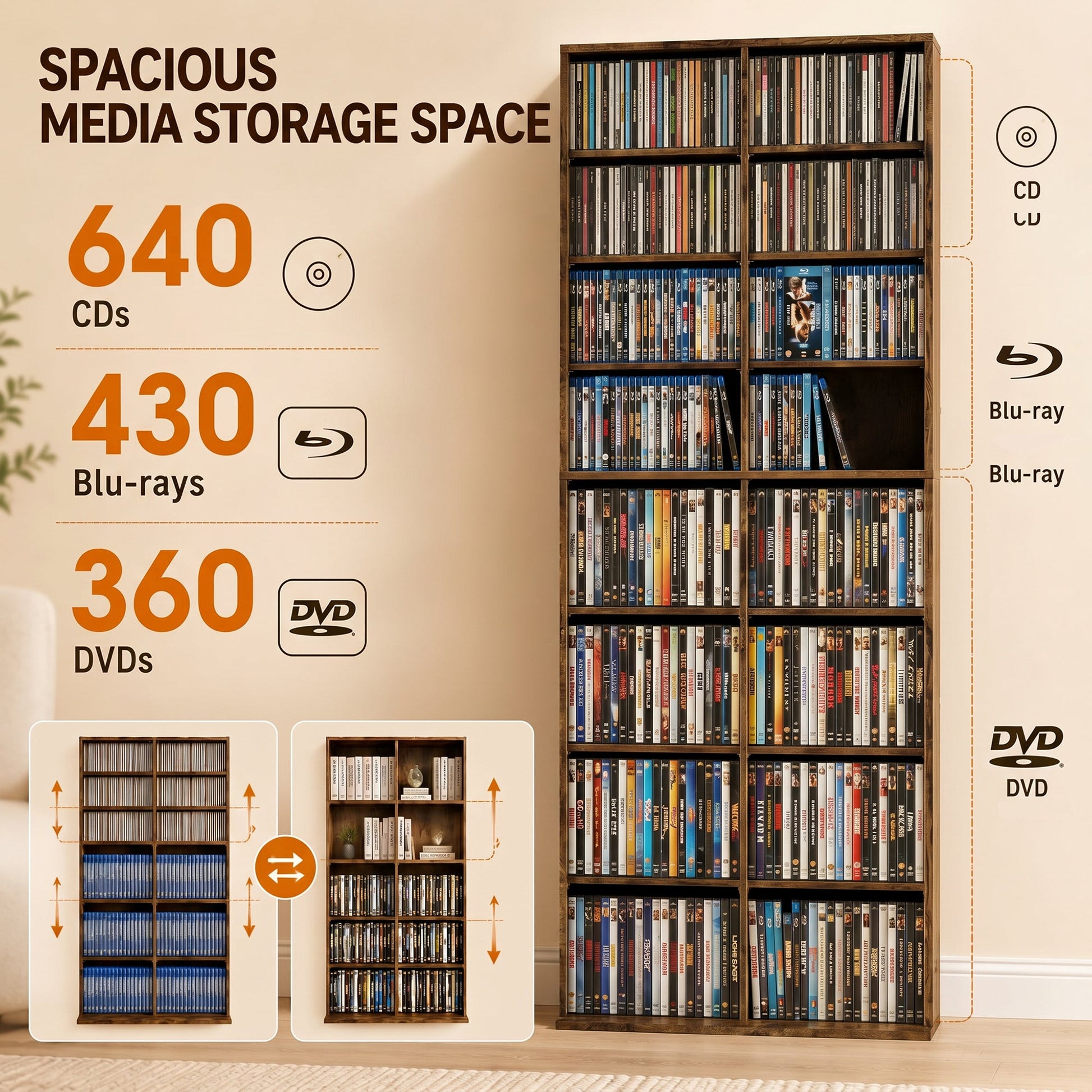 640 CD/360 DVD Storage Unit, Blu-ray Media Storage Shelf with 18 Compartments and 14 Adjustable Shelves, CD Tower for Living Room, Bedroom, Office, Rustic Brown