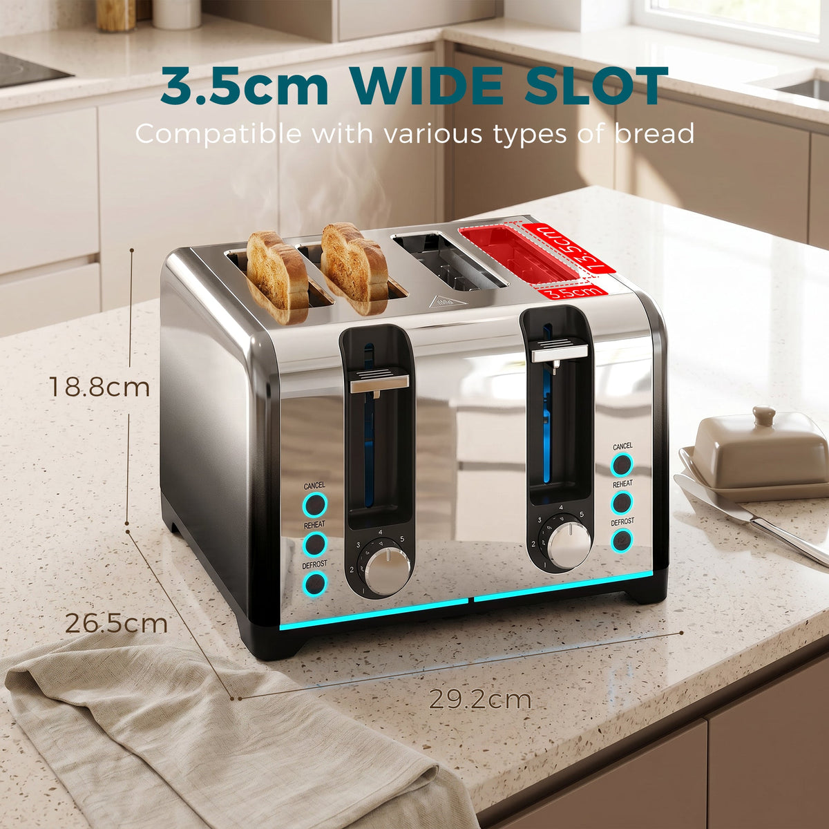 4 Slice Toaster with 7 Browning Levels, Reheat, Defrost and Cancel Functions, Self-Centring Slots, Auto Shut-Off, Removable Crumb Tray, 1860W, Black