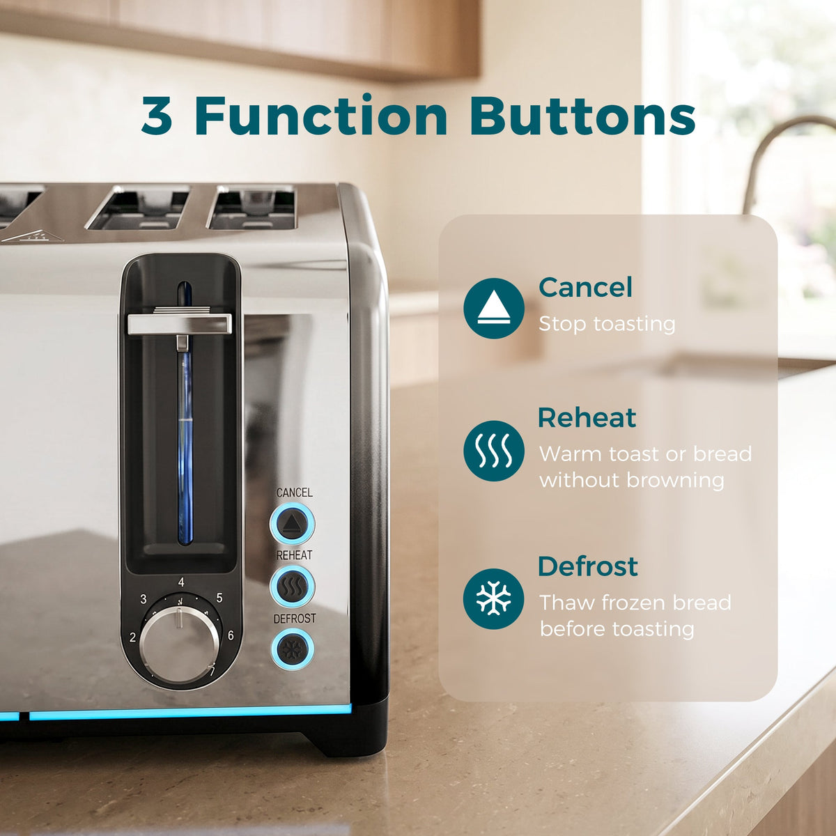 4 Slice Toaster with 7 Browning Levels, Reheat, Defrost and Cancel Functions, Self-Centring Slots, Auto Shut-Off, Removable Crumb Tray, 1860W, Black