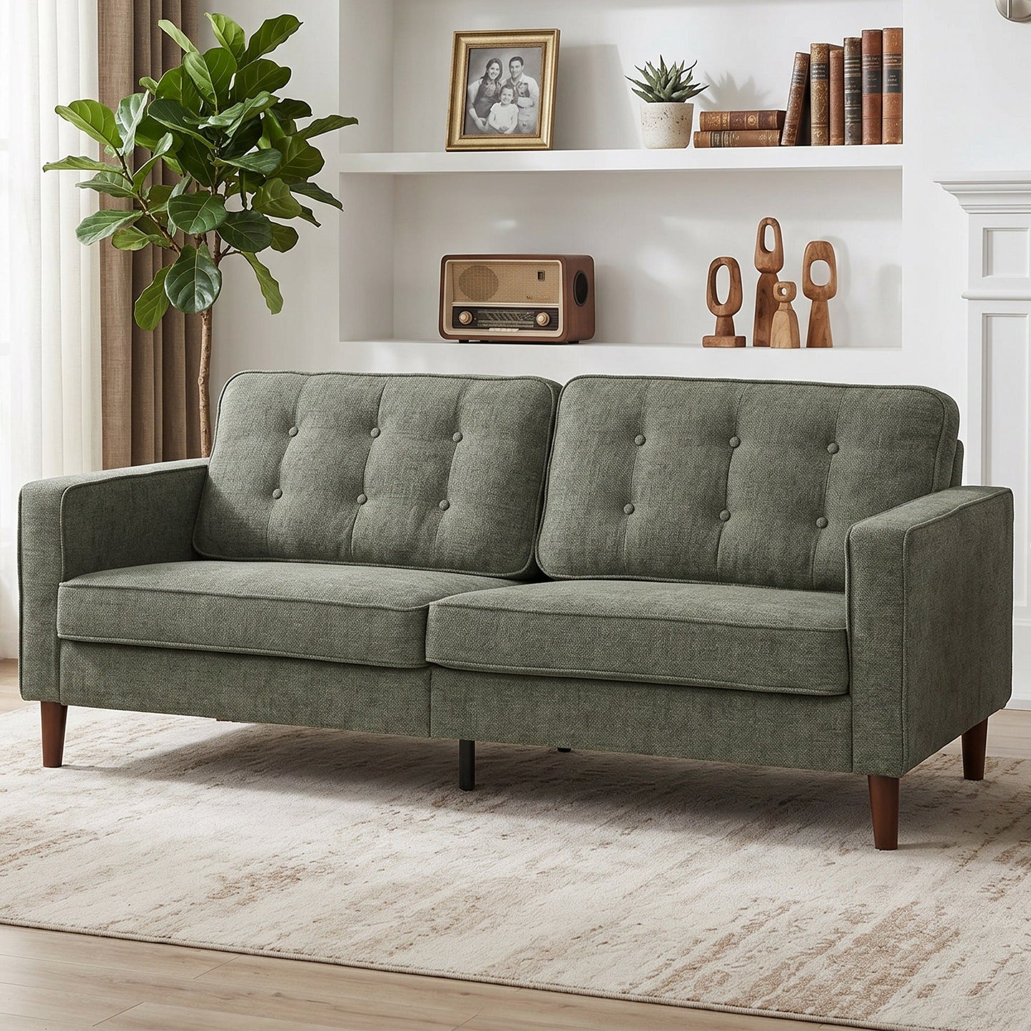 3 Seater Sofa, Upholstered Small Couch for Bedroom, Modern Futon Sofa Settee with Padded Cushion, Button Tufting and Wood Legs for Living Room, Green