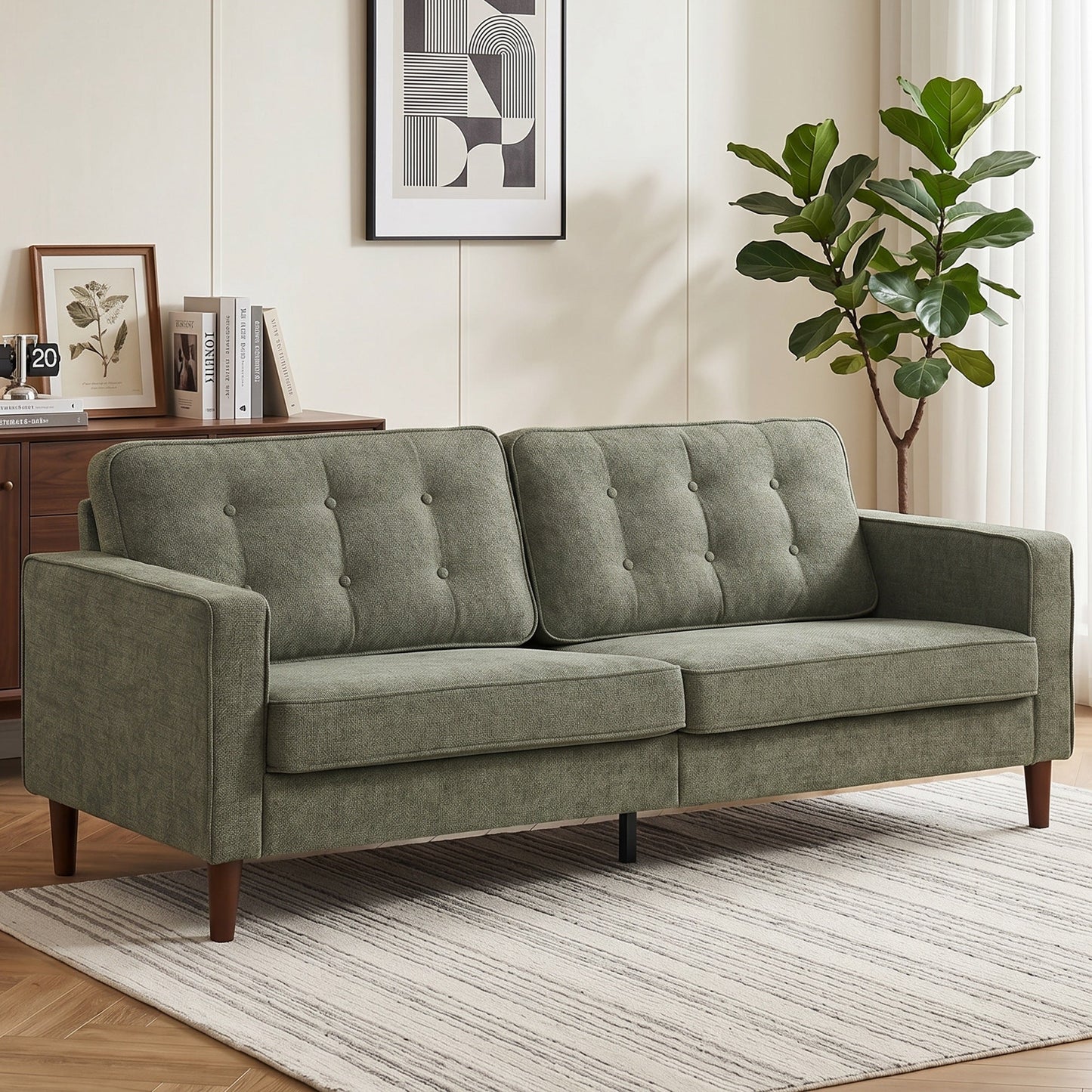 3 Seater Sofa, Upholstered Small Couch for Bedroom, Modern Futon Sofa Settee with Padded Cushion, Button Tufting and Wood Legs for Living Room, Green