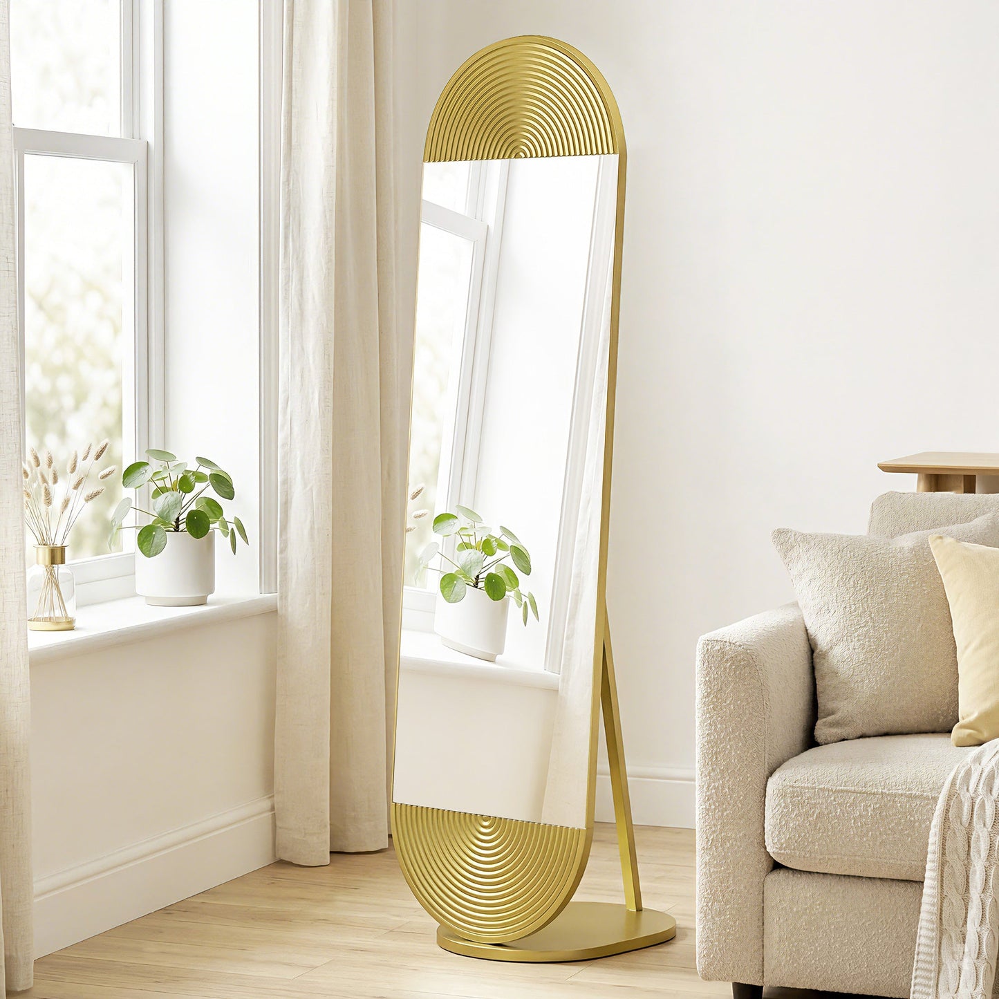 Wavy Full Length Mirror, 50 x 161 cm Free Standing Mirror with Metal Frame and Solid Base, for Bedroom, Living Room, Gold Tone