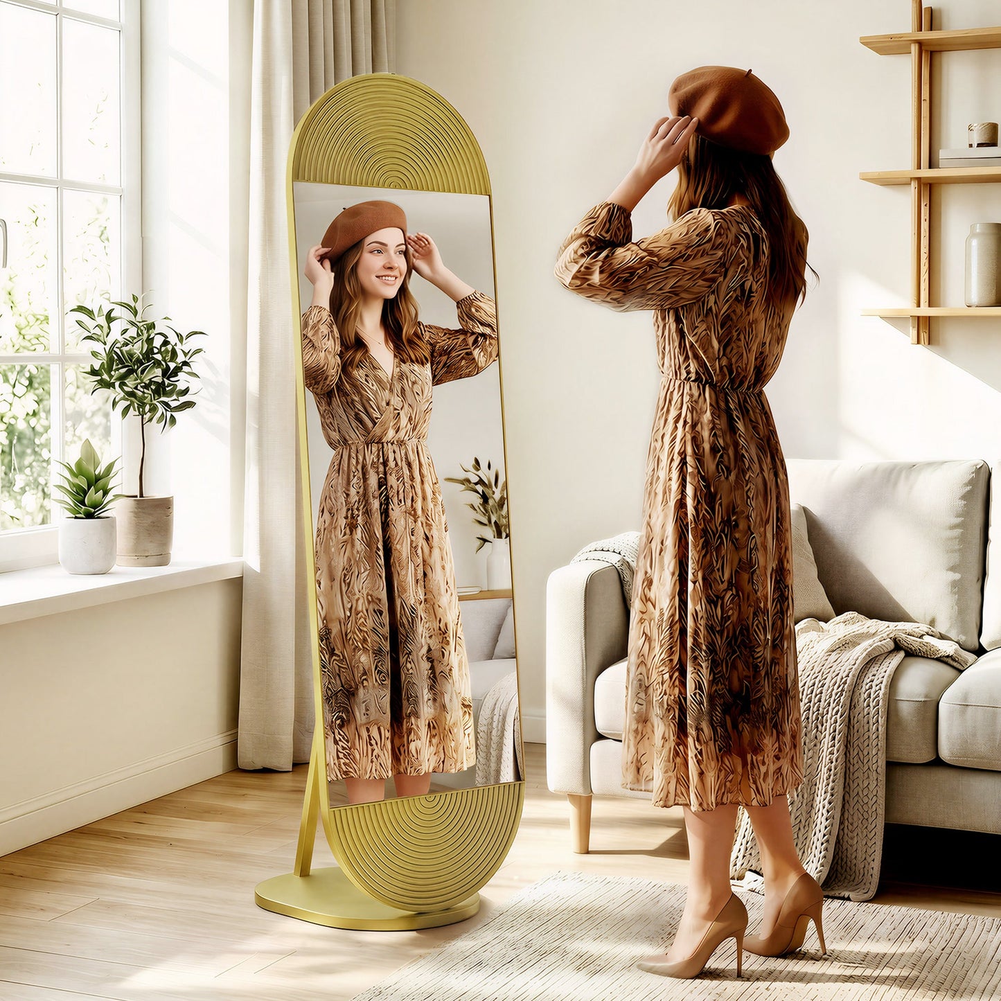 Wavy Full Length Mirror, 50 x 161 cm Free Standing Mirror with Metal Frame and Solid Base, for Bedroom, Living Room, Gold Tone