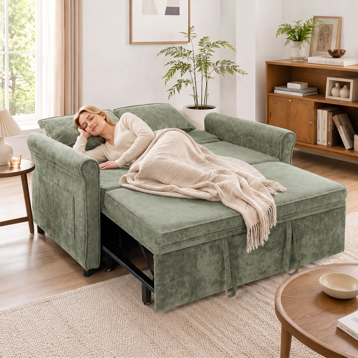 2 Seater Sofa Bed, 3-in-1 Convertible Pull Out Double Sleeper Sofa 190 x 130 cm, 5-Position Adjustable Backrest, Chenille Loveseat Bed Settee for Living Room, Bedroom, Guest Room, Light Green