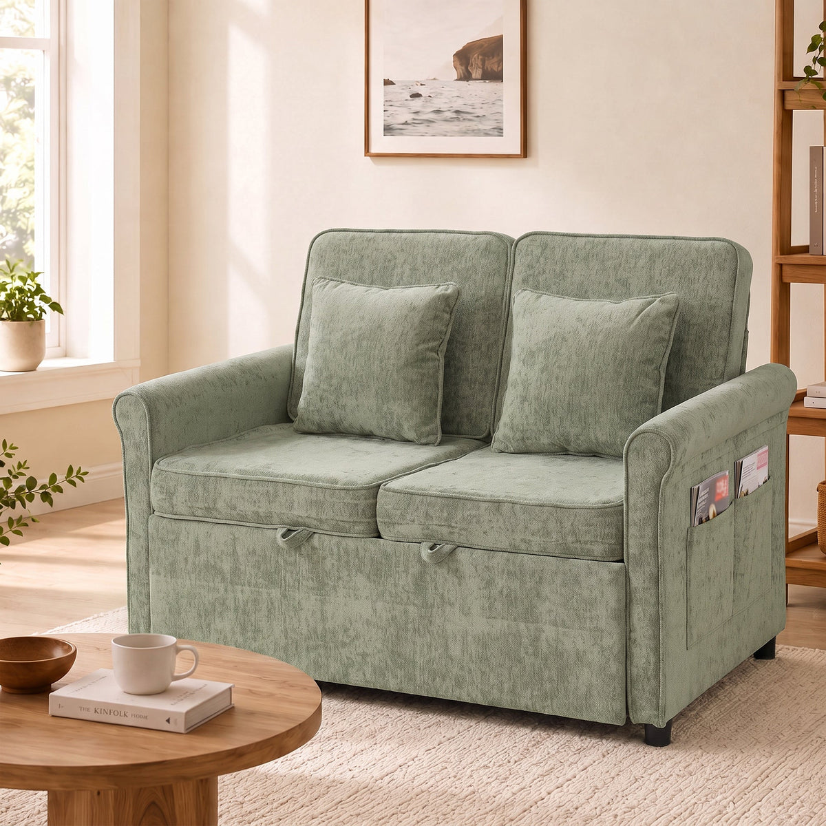 2 Seater Sofa Bed, 3-in-1 Convertible Pull Out Double Sleeper Sofa 190 x 130 cm, 5-Position Adjustable Backrest, Chenille Loveseat Bed Settee for Living Room, Bedroom, Guest Room, Light Green