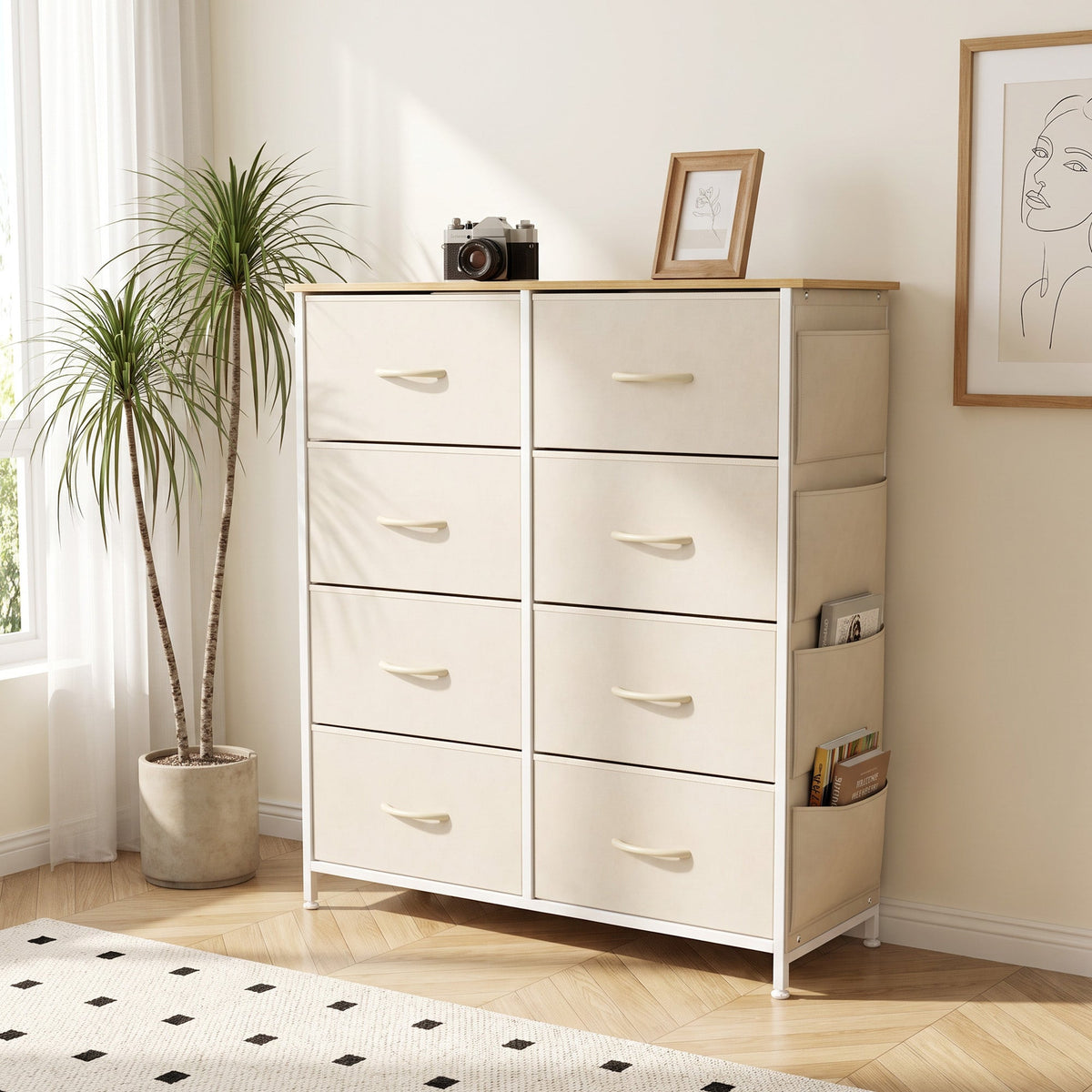 Chest of Drawers, Dresser for Bedroom with 8 Fabric Drawers, Tall Storage Unit with 4 Pockets, 2 Hooks and Steel Frame for Living Room, Hallway, Beige