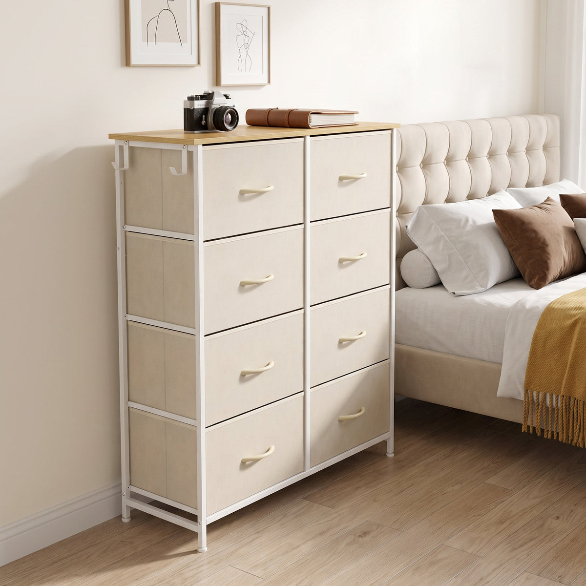 Chest of Drawers, Dresser for Bedroom with 8 Fabric Drawers, Tall Storage Unit with 4 Pockets, 2 Hooks and Steel Frame for Living Room, Hallway, Beige