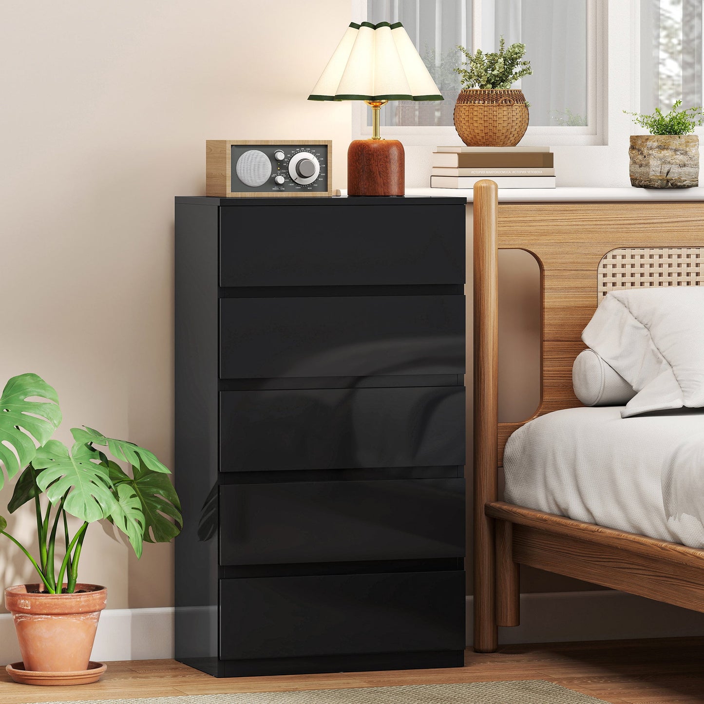 Chest of Drawers, 5 Drawers Storage Cabinet Floor Tower Cupboard for Bedroom Living Room, High Gloss Black