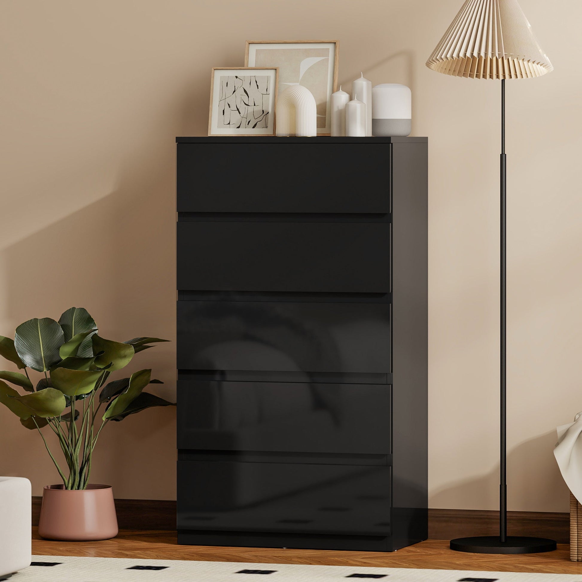 Chest of Drawers, 5 Drawers Storage Cabinet Floor Tower Cupboard for Bedroom Living Room, High Gloss Black