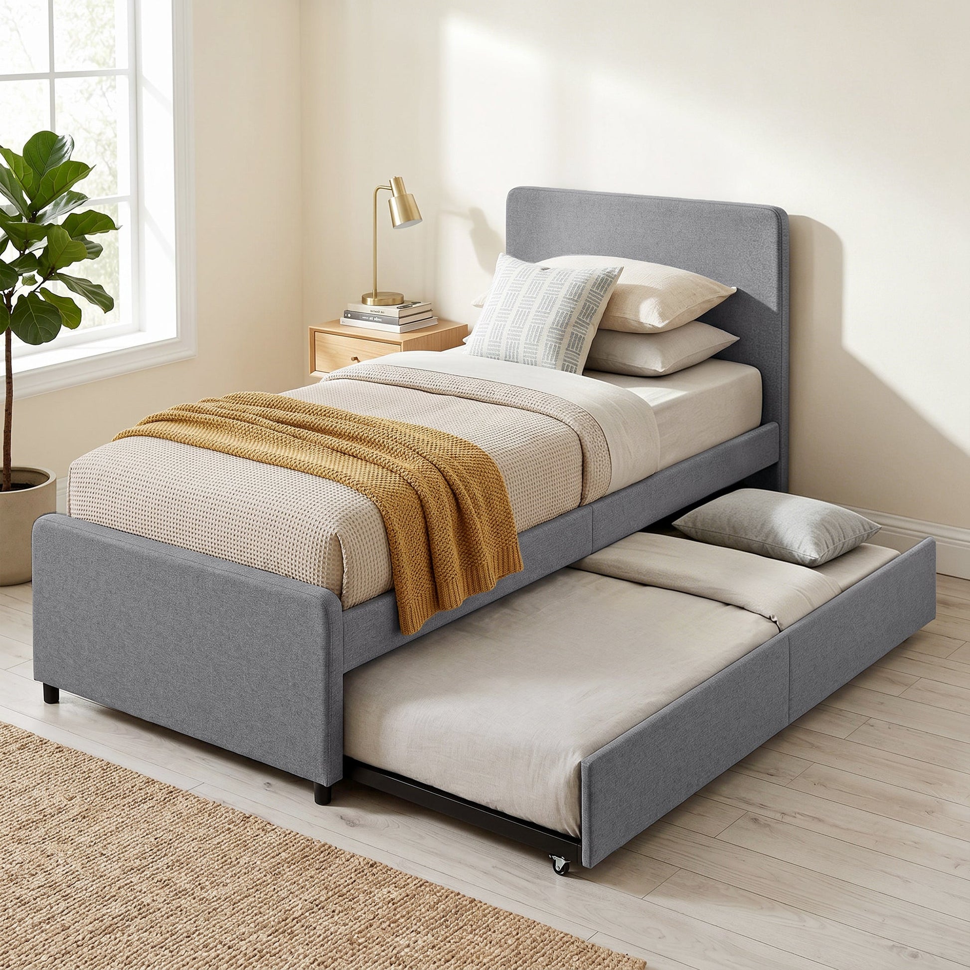 3ft Single Bed Frame with Trundle, Upholstered Pull Out Trundle Bed with Headboard and Footboard for Adults & Teenagers, 90 x 190 cm, No Mattress, Dark Grey