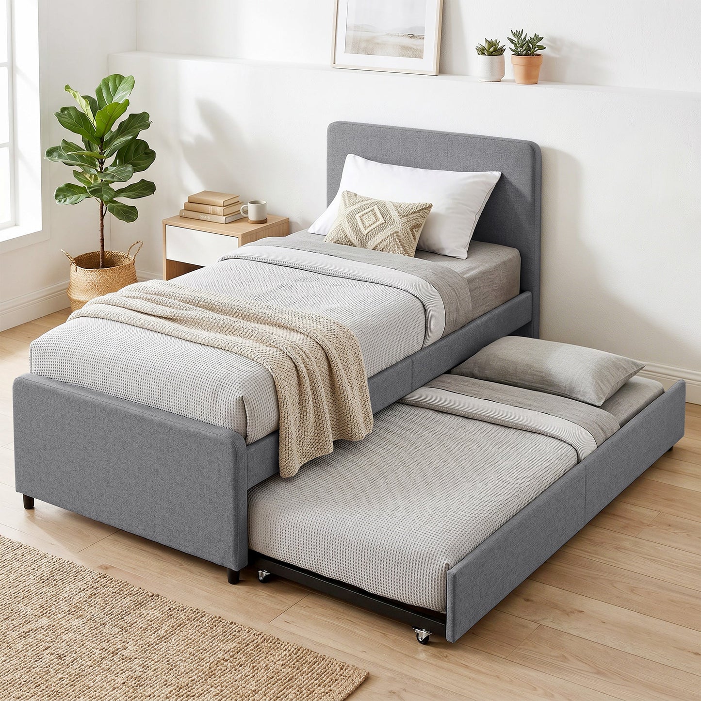 3ft Single Bed Frame with Trundle, Upholstered Pull Out Trundle Bed with Headboard and Footboard for Adults & Teenagers, 90 x 190 cm, No Mattress, Dark Grey