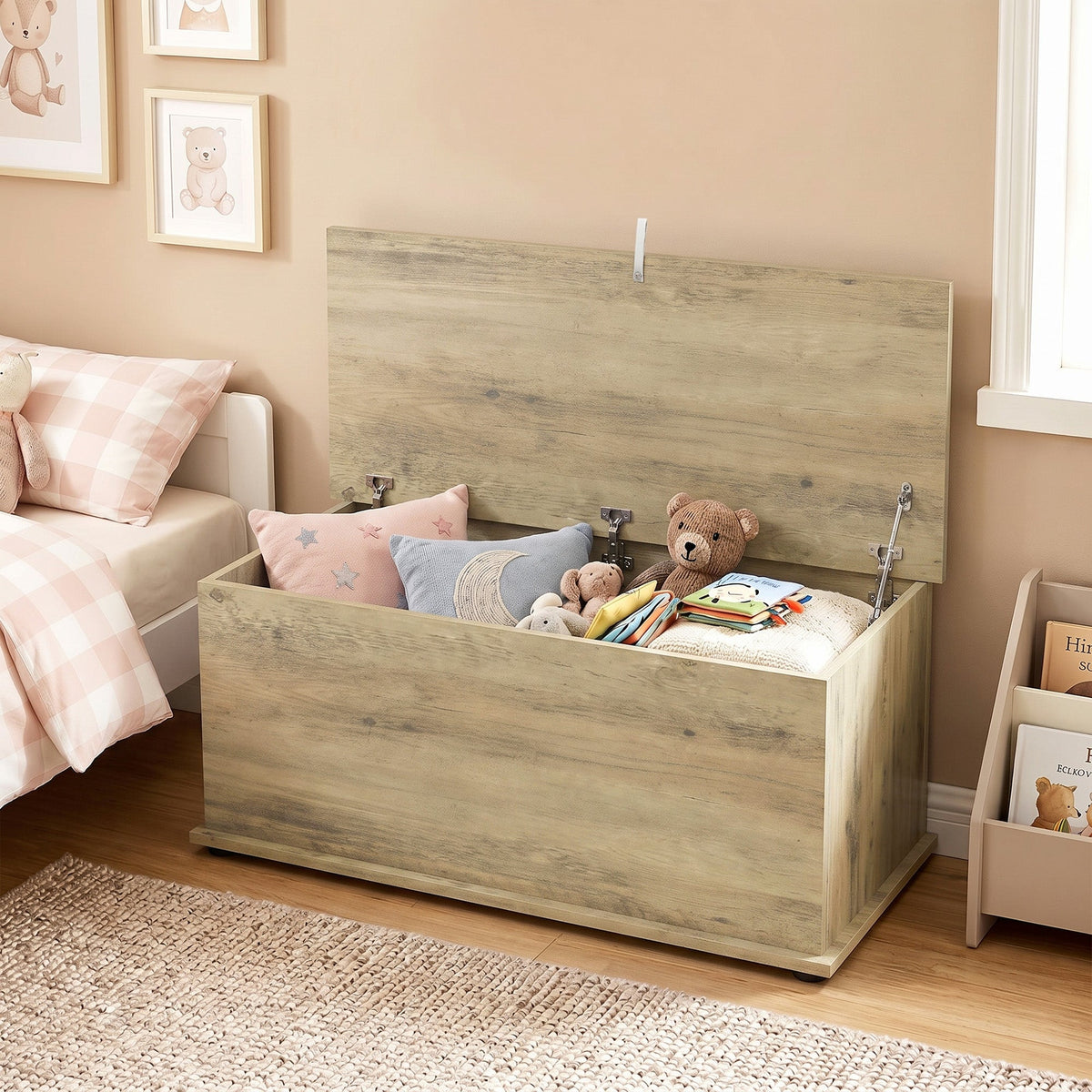 Storage Chest, Large 114L Blanket Box, Shoe Bench with Safety Hinged Lid, Storage Trunk, Bed End Bench for Bedroom, Hallway, Living room, Playroom, 100 x 40 x 40cm, Grey Wood Effect