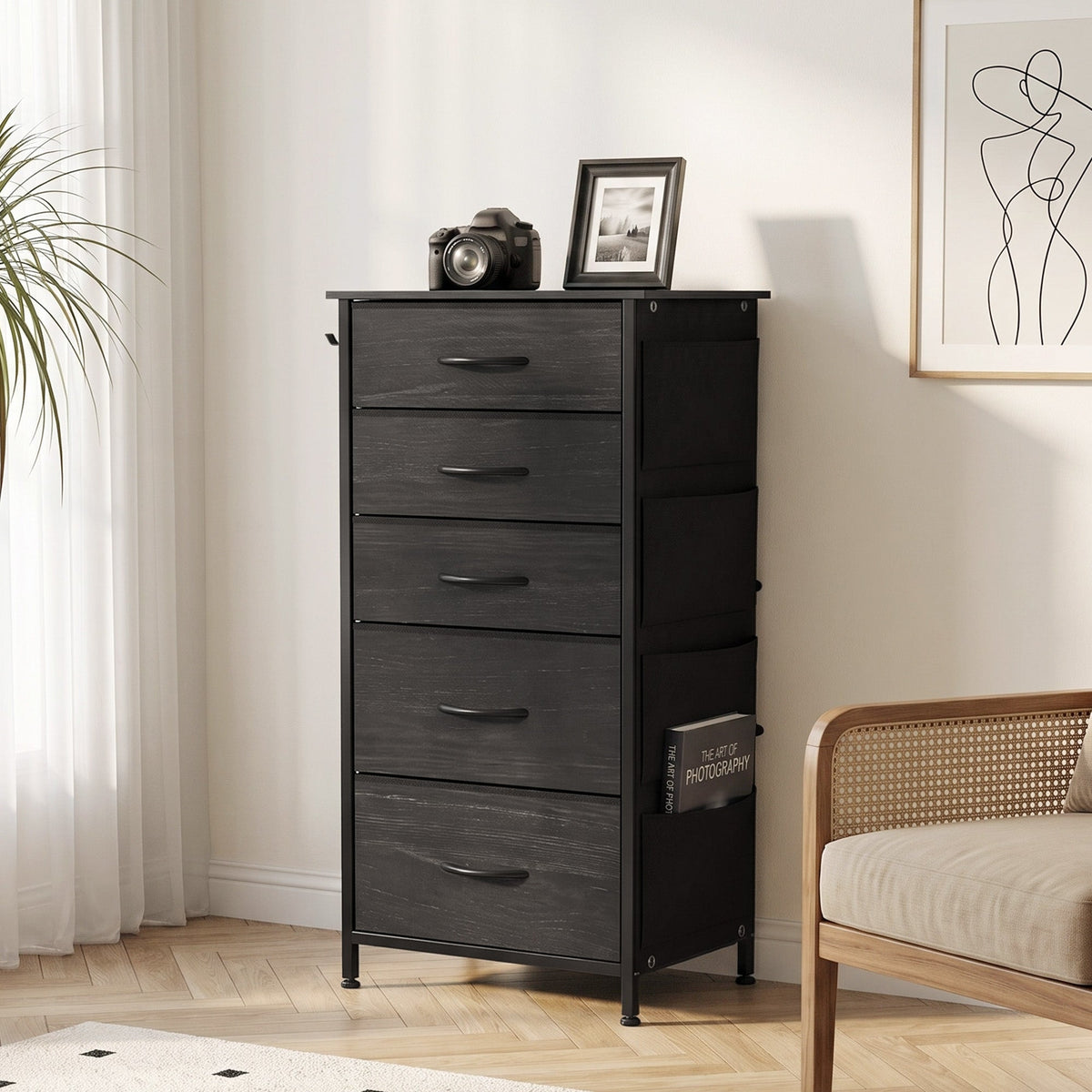 Chest of Drawers, Dresser for Bedroom with 5 Fabric Drawers, Tall Storage Unit with 4 Pockets, 2 Hooks and Steel Frame for Living Room, Hallway, Black