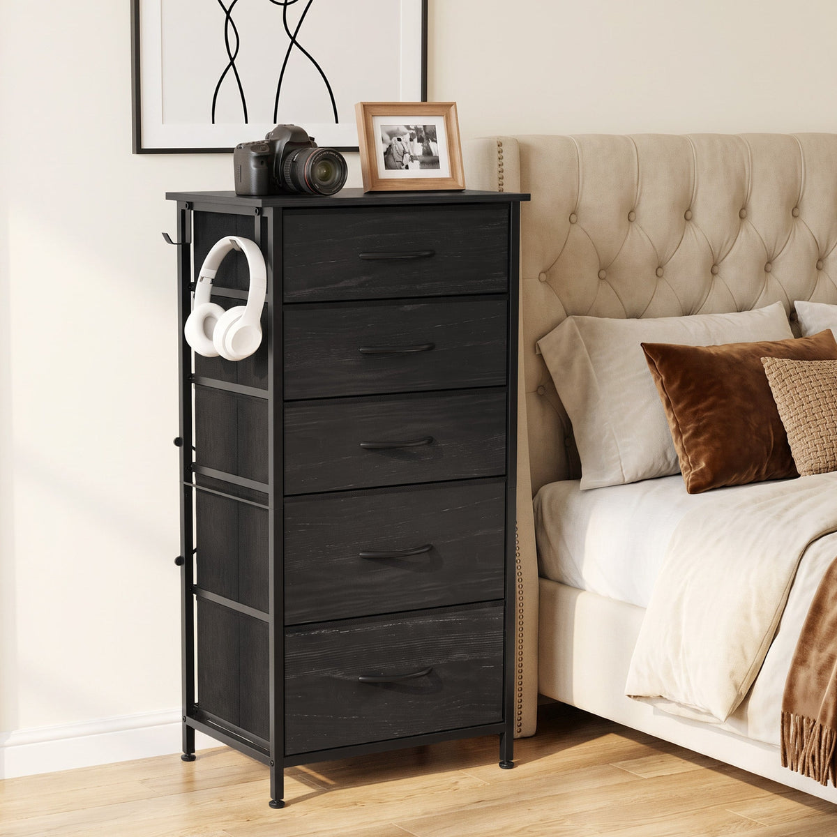 Chest of Drawers, Dresser for Bedroom with 5 Fabric Drawers, Tall Storage Unit with 4 Pockets, 2 Hooks and Steel Frame for Living Room, Hallway, Black