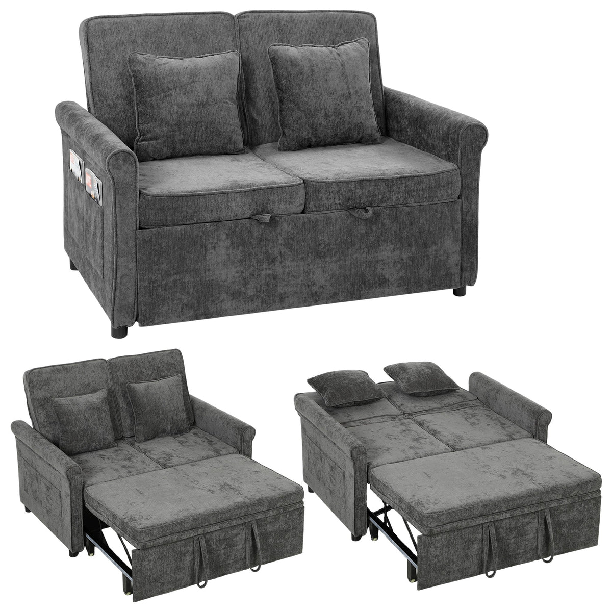 2 Seater Sofa Bed, 3-in-1 Convertible Pull Out Double Sleeper Sofa 190 x 130 cm, 5-Position Adjustable Backrest, Chenille Loveseat Bed Settee for Living Room, Bedroom, Guest Room, Grey