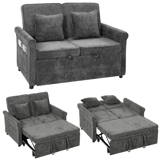 2 Seater Sofa Bed, 3-in-1 Convertible Pull Out Double Sleeper Sofa 190 x 130 cm, 5-Position Adjustable Backrest, Chenille Loveseat Bed Settee for Living Room, Bedroom, Guest Room, Grey